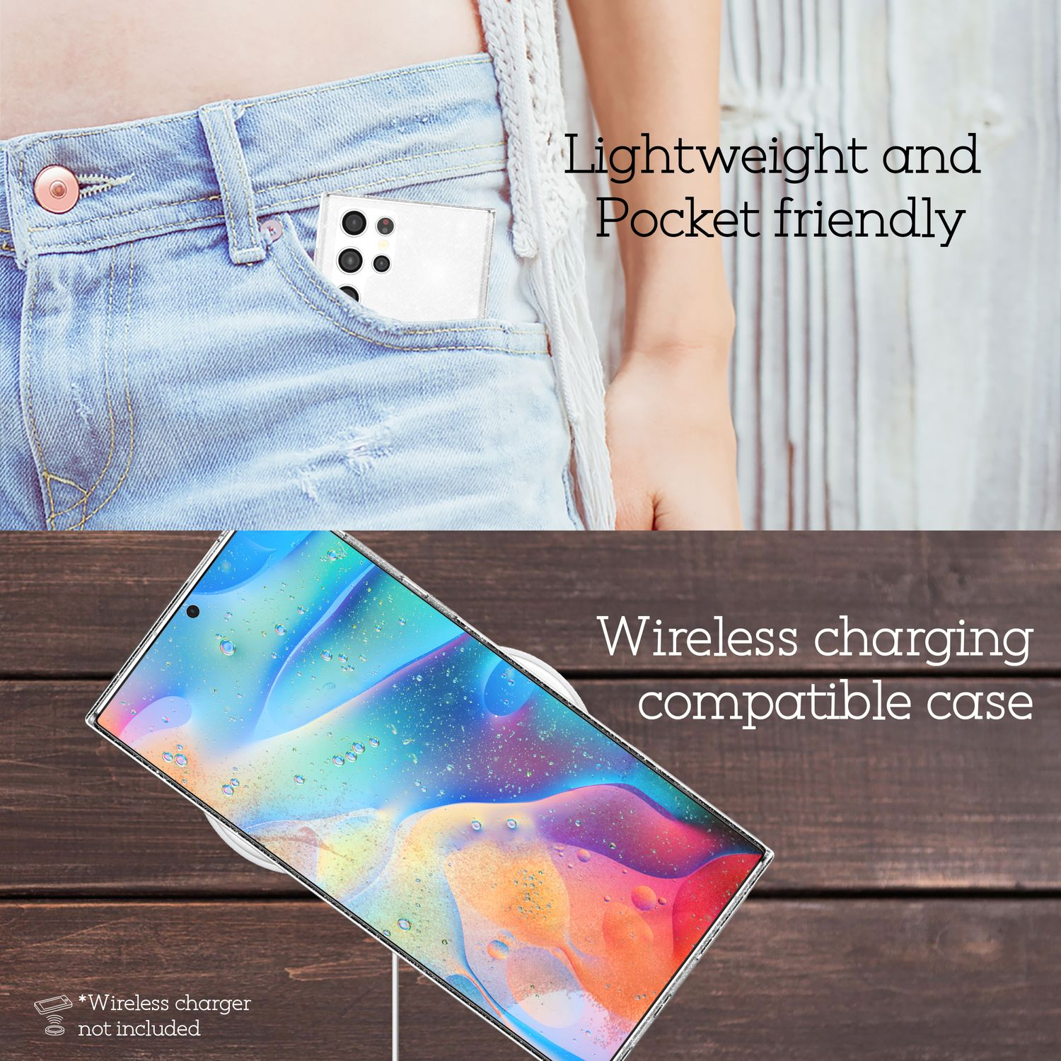 Ein weißes Telefon in einer Tasche. Das Telefon wird von einer Person auf einem Holztisch mit Ladegerät gehalten.