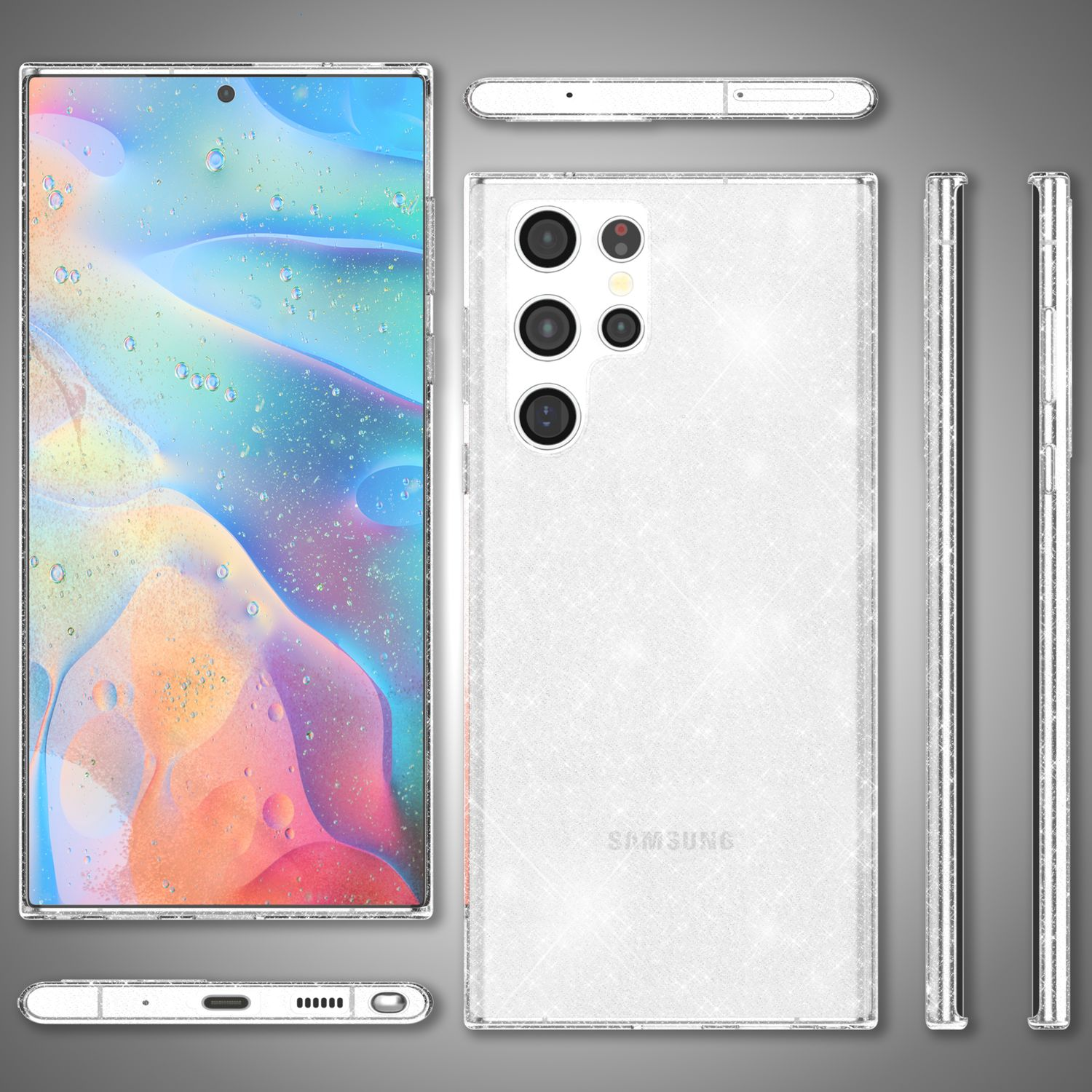 Weiße Handyhülle mit einem Telefon. Die Hülle und das Telefon werden aus verschiedenen Winkeln gezeigt.