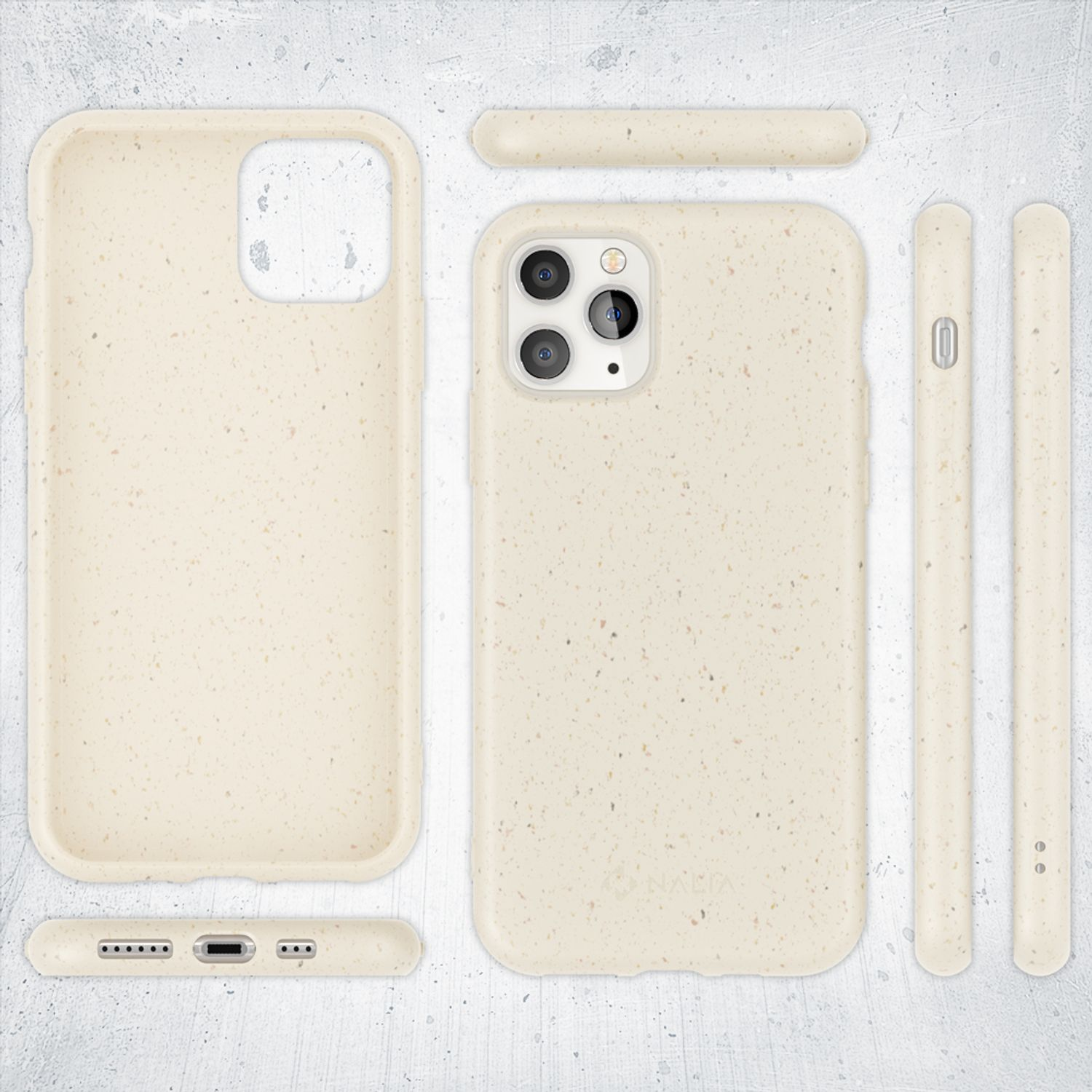 Funda de teléfono beige con un patrón moteado y varias vistas diferentes.