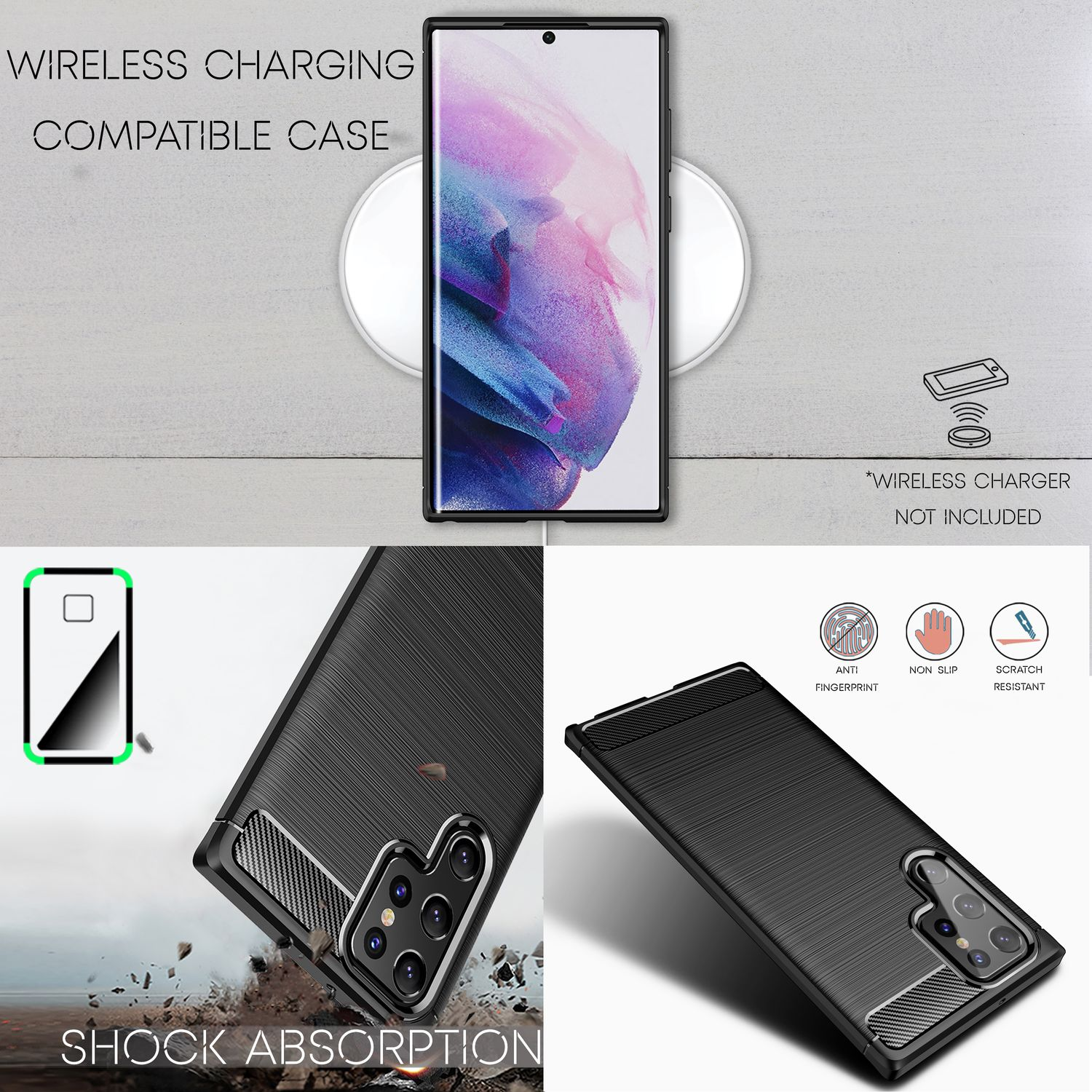 Schwarzes Telefon und eine schwarze Hülle. Hülle hat strukturierte Oberfläche. Kabelloses Laden kompatibel. Weißer Hintergrund.