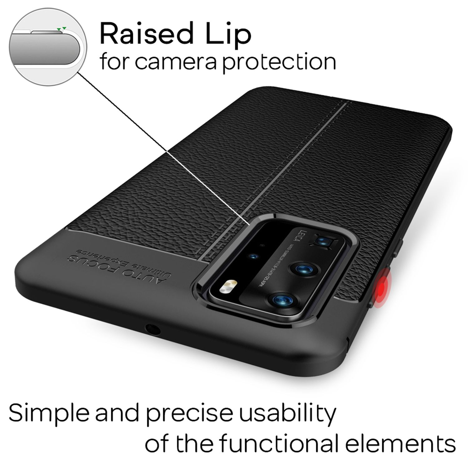 Schwarze Handyhülle mit strukturiertem Lederdesign. Text sagt 'Raised Lip' und 'Simple usability'.