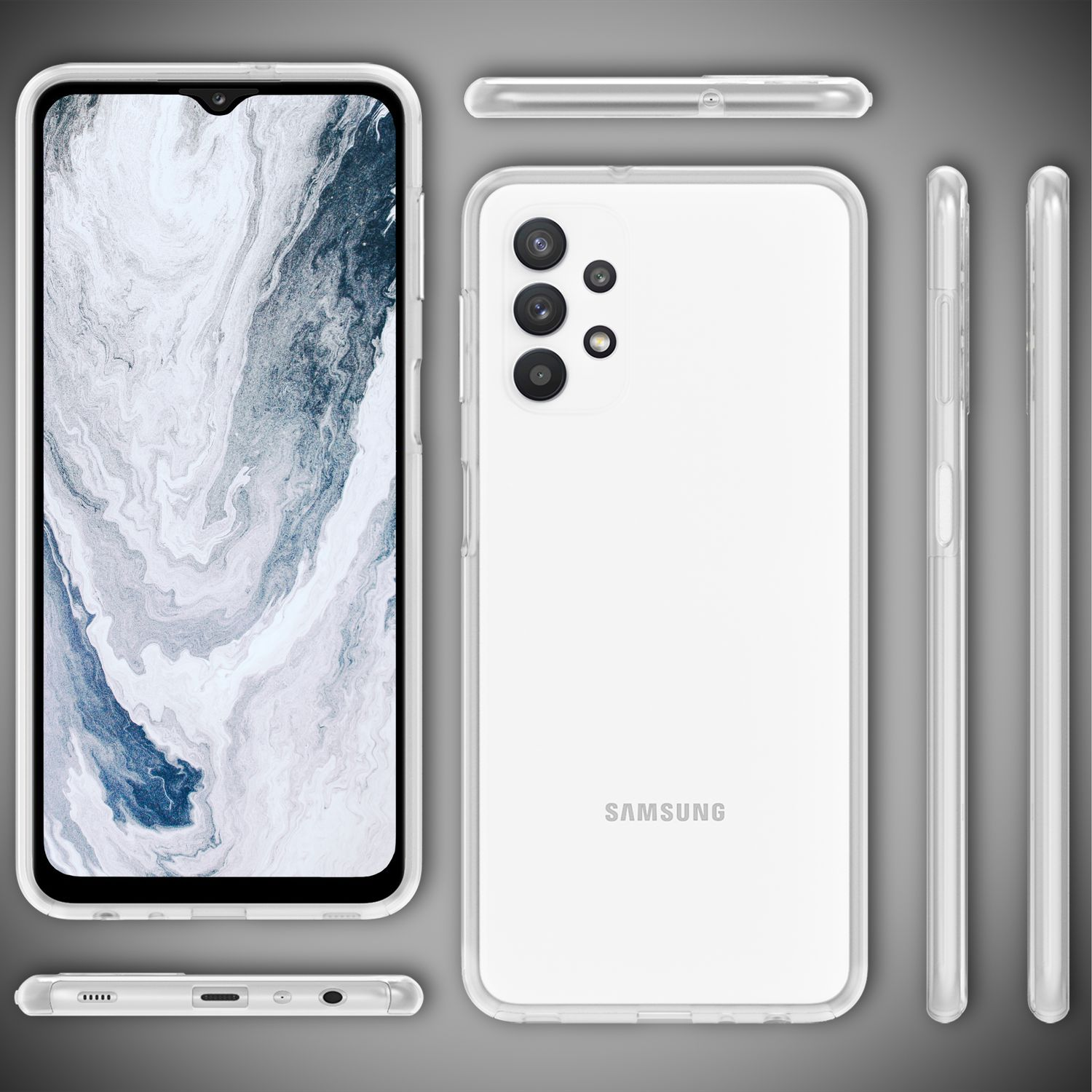 Weißes Telefon mit transparenter Hülle. Mehrere Ansichten des Telefons, zeigt Rückseite, Seiten und Vorderseite. Grauer Hintergrund.
