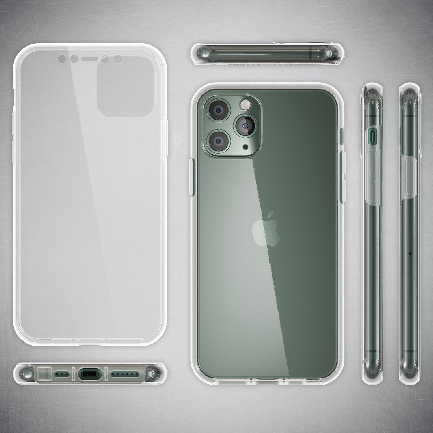 Handyhülle, klar mit grünem Telefon darin. Mehrere Ansichten. Apple-Logo sichtbar. Weißer Hintergrund.