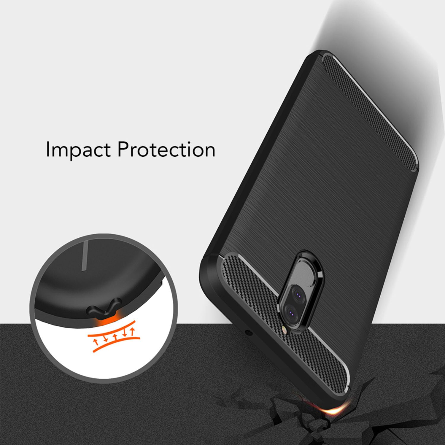 Schwarze Handyhülle mit strukturierter Oberfläche. Hülle ist angewinkelt, zeigt Telefon. Text: Impact Protection. Weißer H.