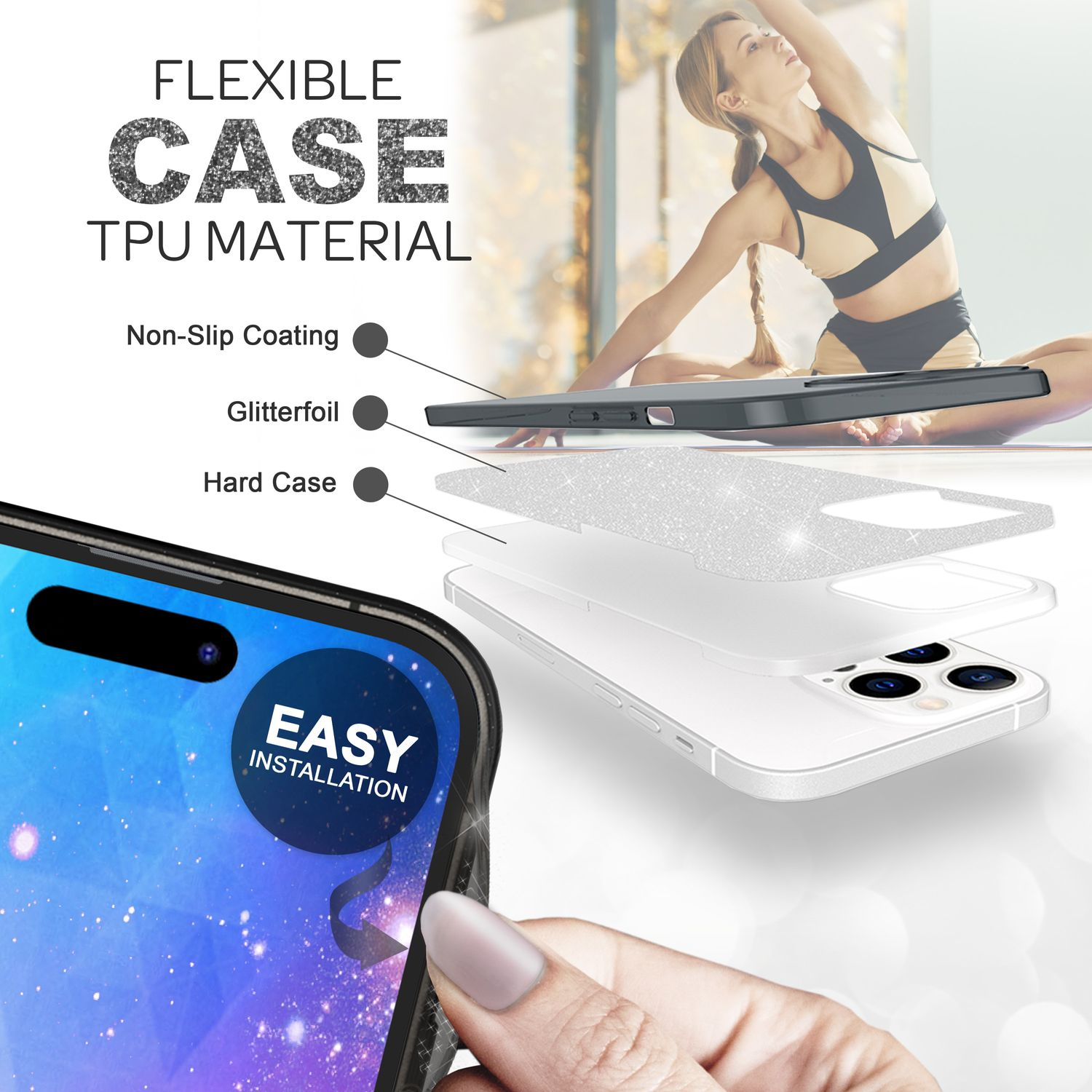 Una funda de teléfono con diseño flexible, purpurina y carcasa rígida.
