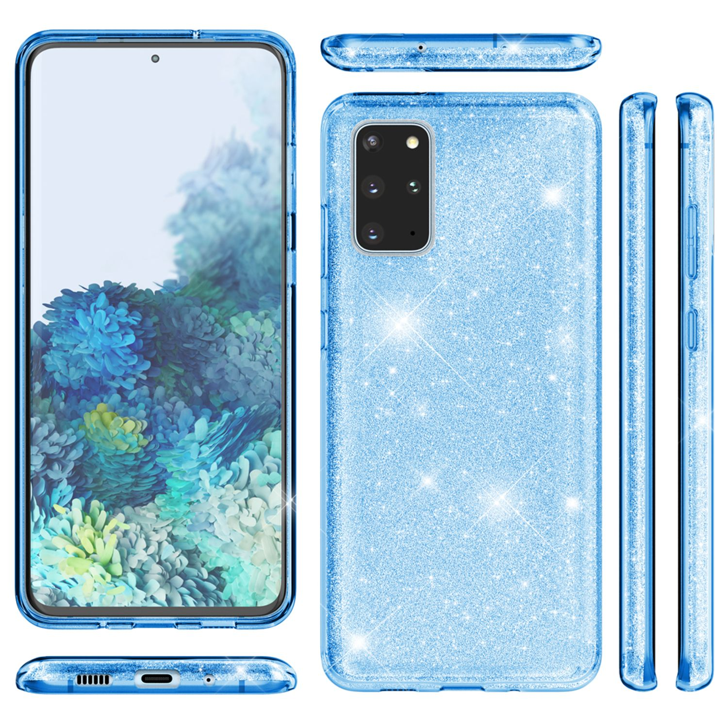 Blaue Glitzer-Handyhülle und Telefon, das mehrere Winkel zeigt.