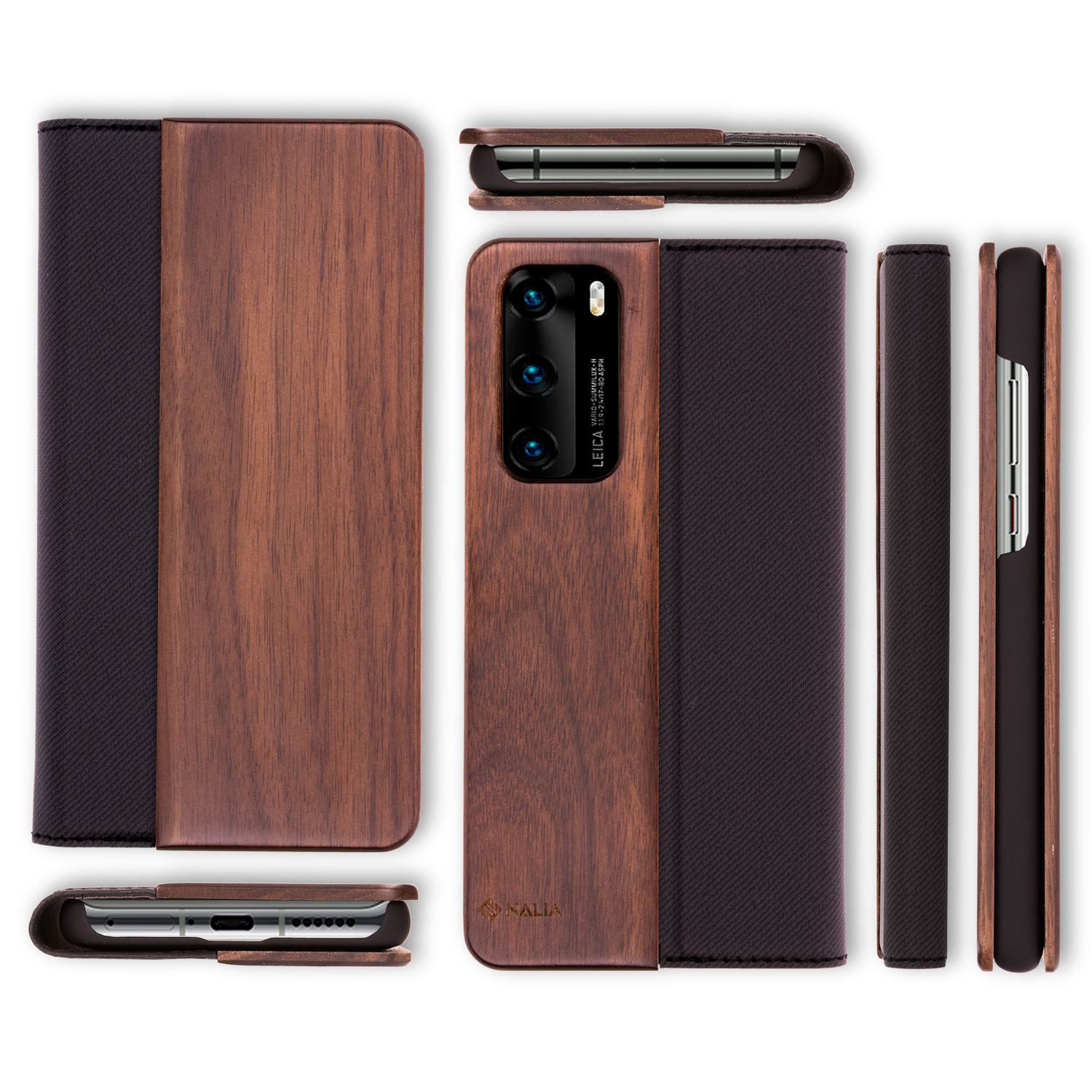 Handyhülle aus Holz mit buchähnlichem Design. Verschiedene Seiten der Hülle werden gezeigt.