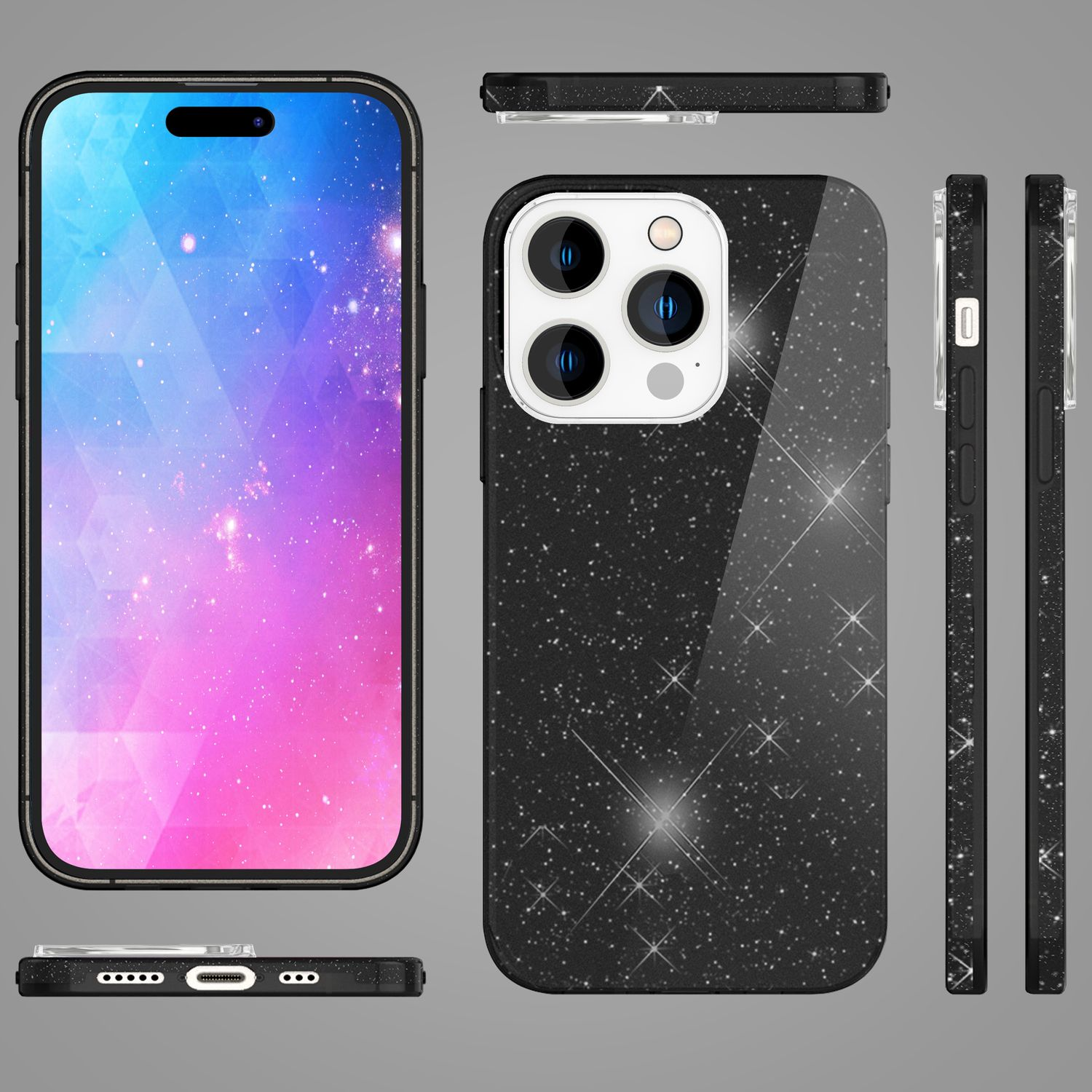 Funda negra con diseño brillante y múltiples vistas del teléfono.