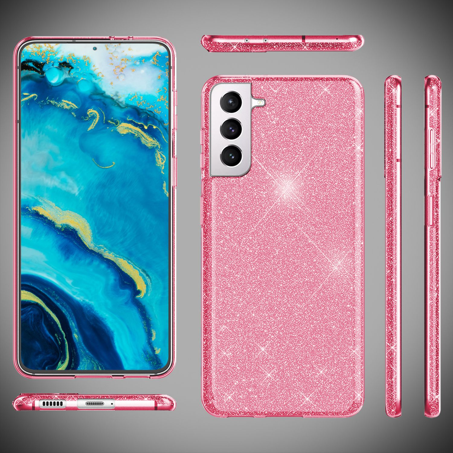 Custodia per telefono rosa glitterata che mostra il telefono da più angolazioni.
