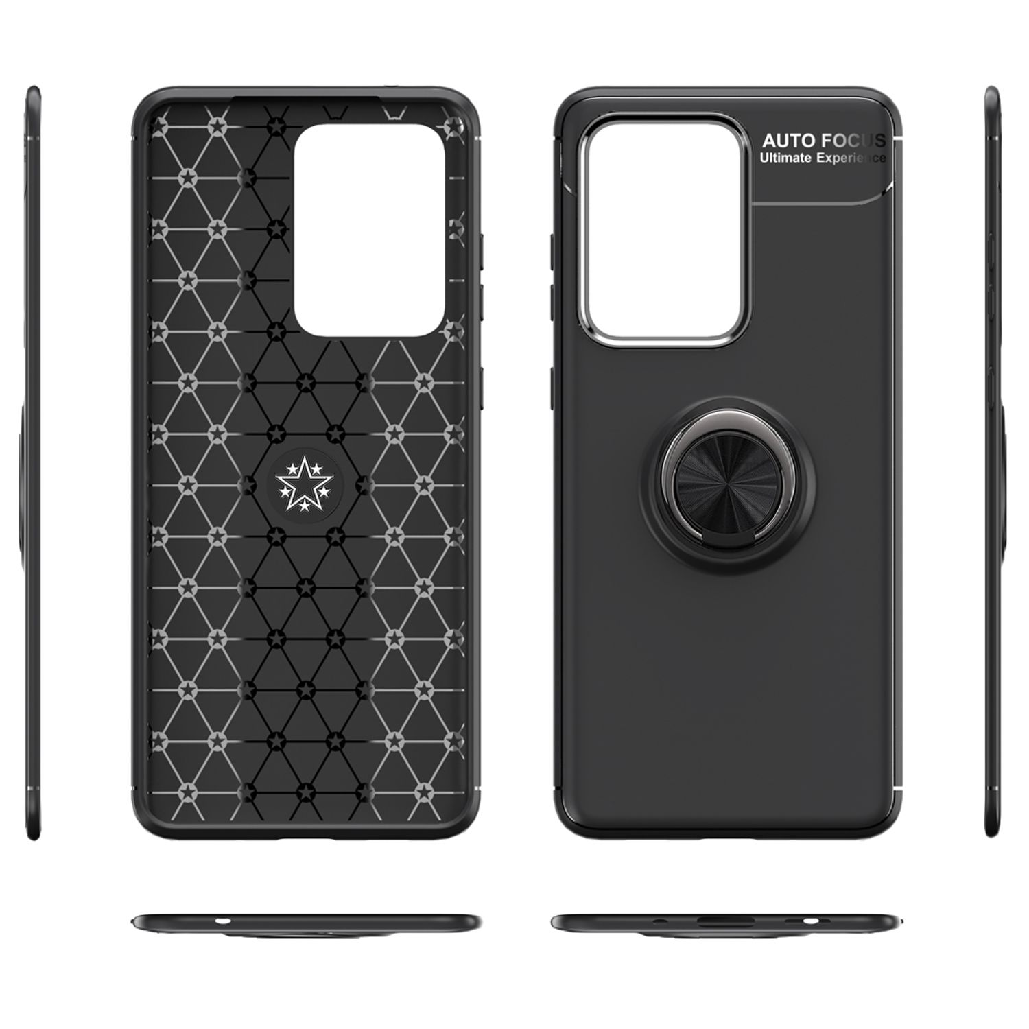 Schwarze Handyhülle mit geometrischem Design und Ringhalterung, in mehreren Ansichten.