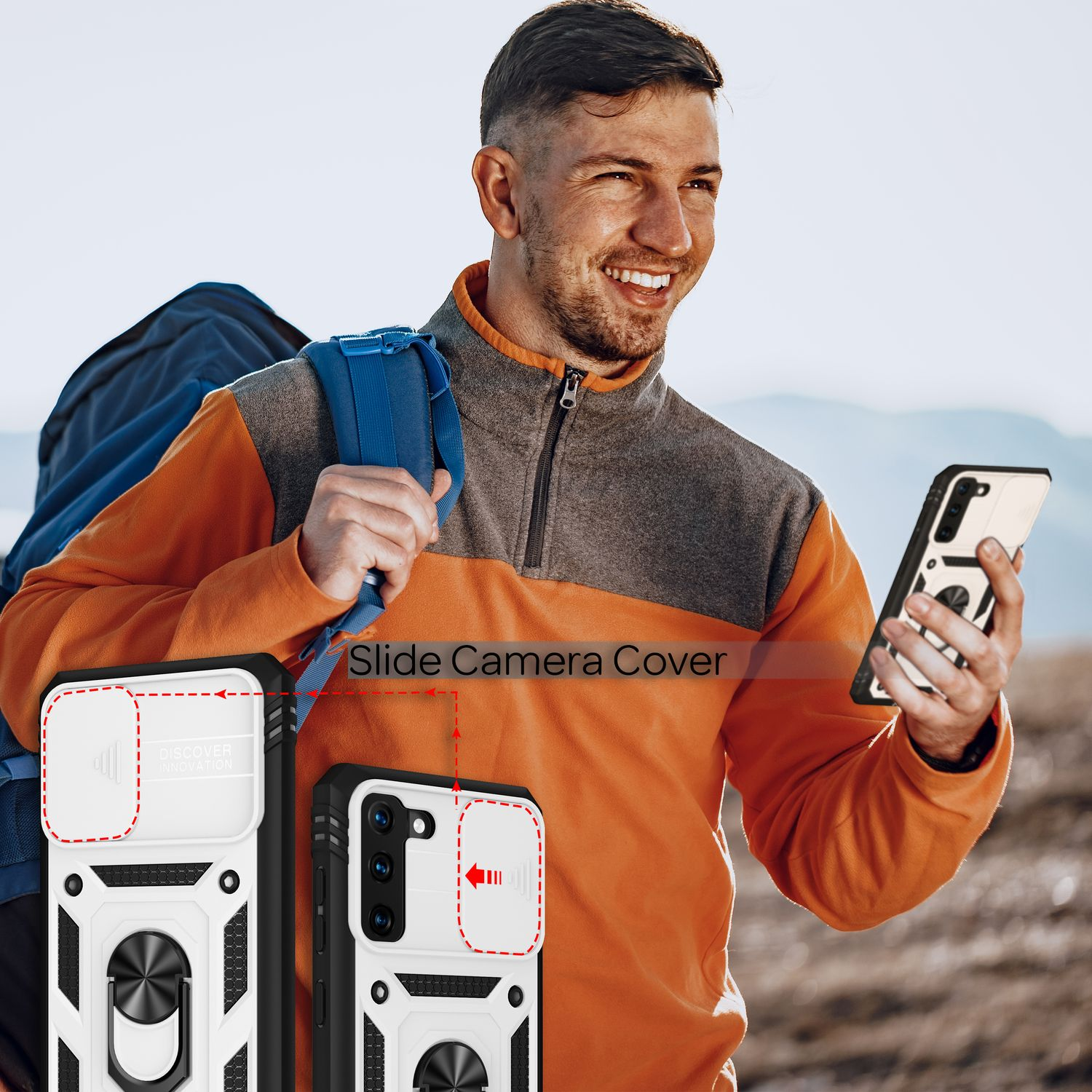 Uomo che usa un telefono con copertura fotocamera scorrevole.