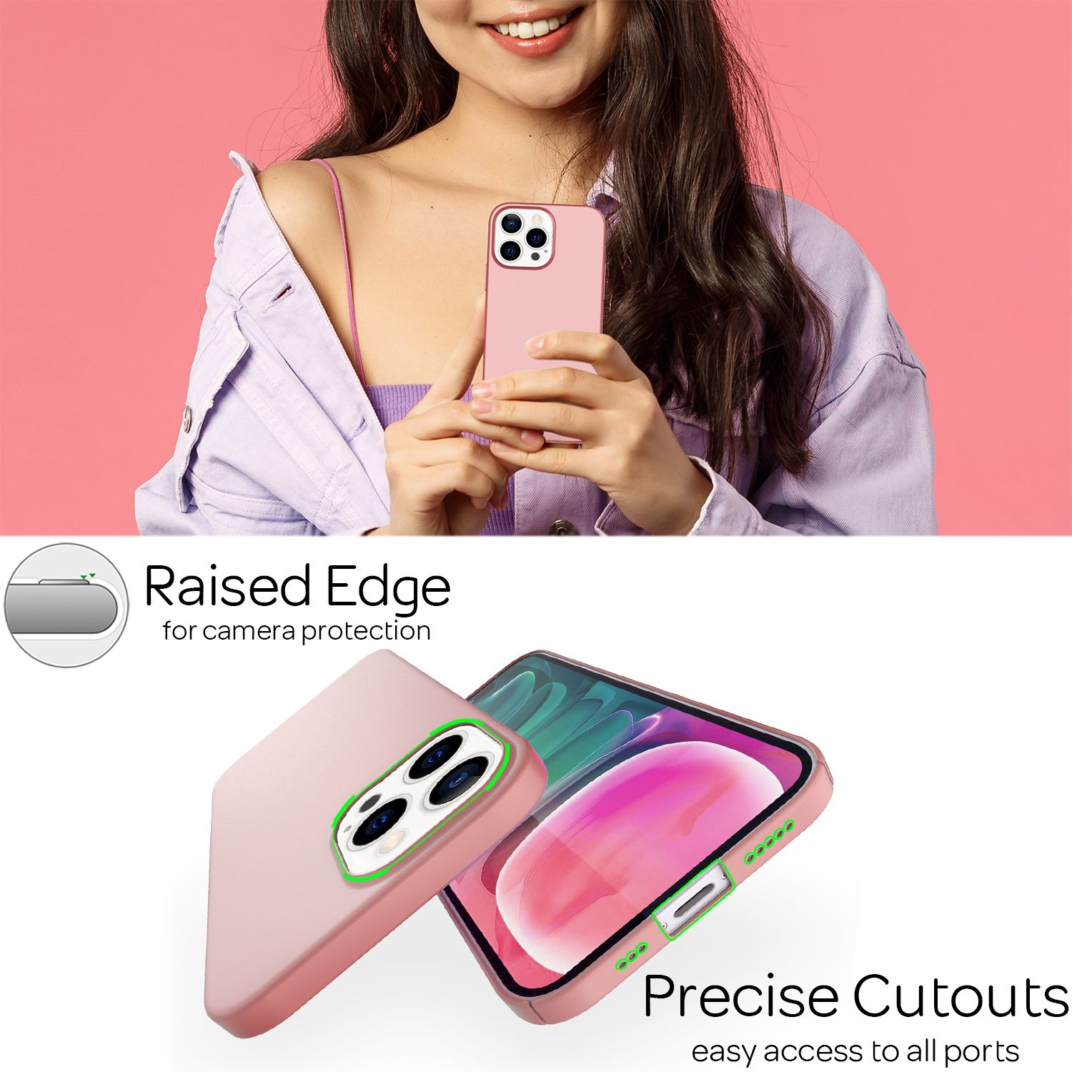 Una persona sosteniendo un teléfono en una funda rosa. La funda se muestra por separado, resaltando la protección de la cámara.