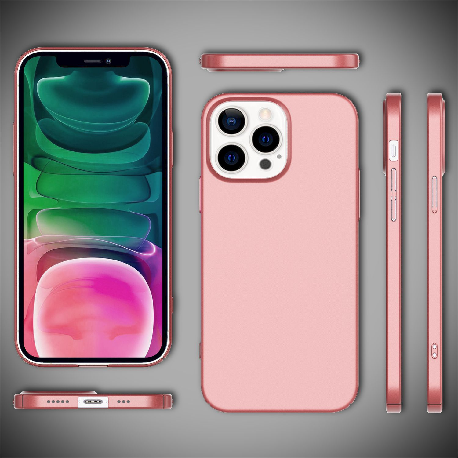 Funda de teléfono rosa, varias vistas. Múltiples ángulos mostrando el diseño y características.