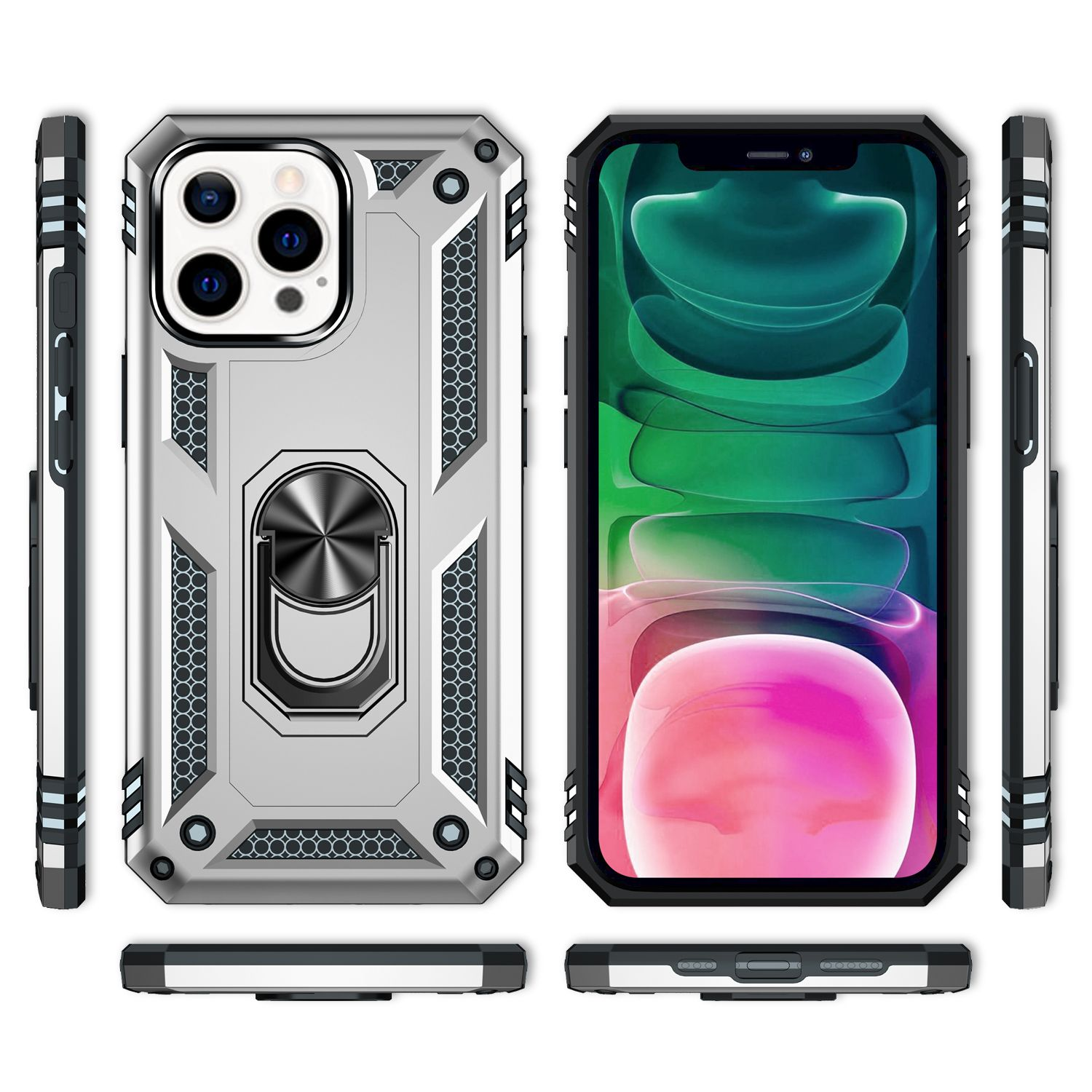 Silber-schwarze Handyhülle mit Telefon. Das Telefon hat einen schwarzen Bildschirm.