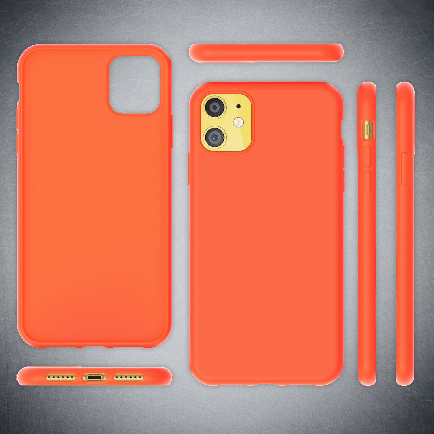 Orangefarbene Handyhülle mit Telefon. Das Telefon hat eine gelbe Kamera.