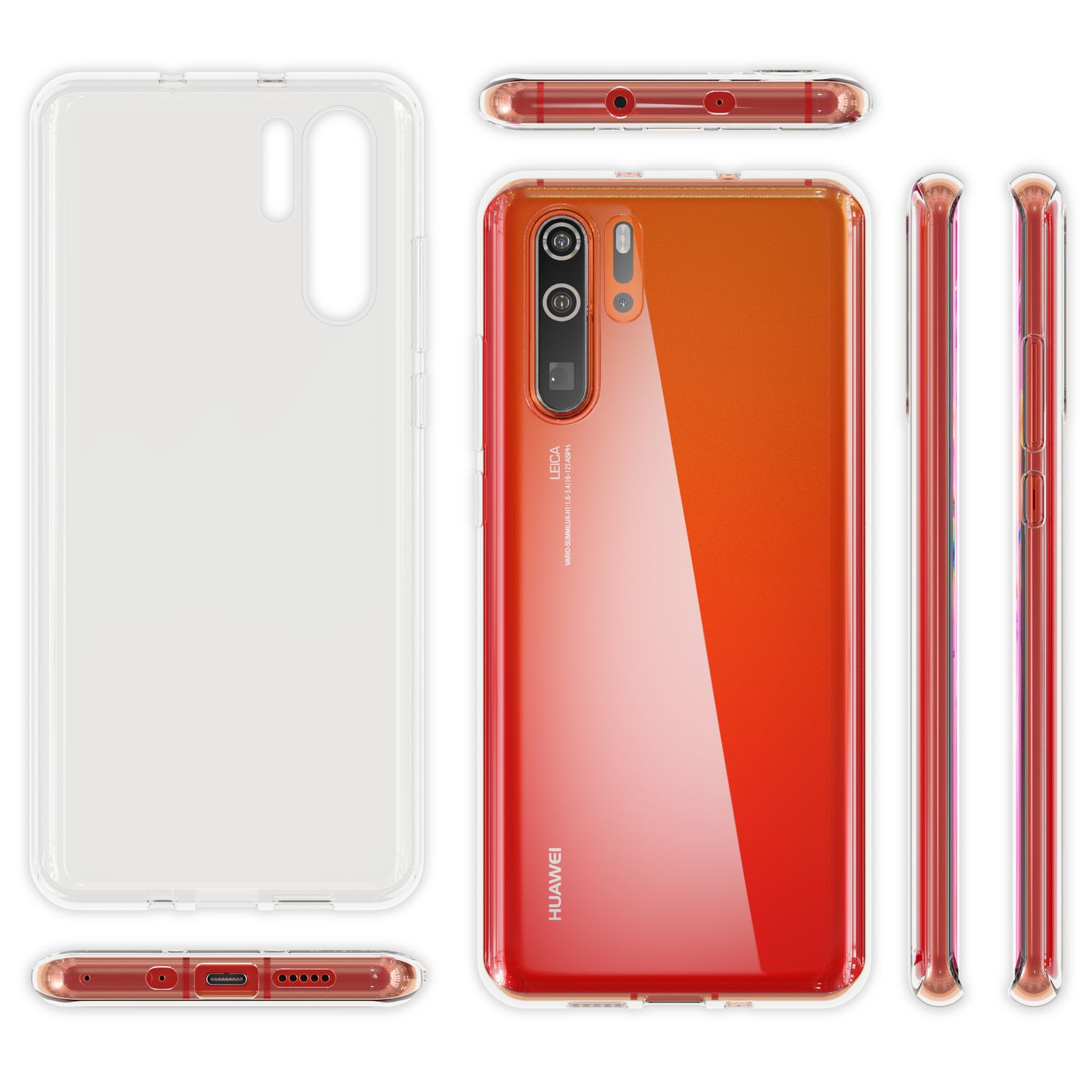 Handyhülle mit mehreren Ansichten. Die Handyhülle ist rot und weiß. Die Marke Huawei ist sichtbar.