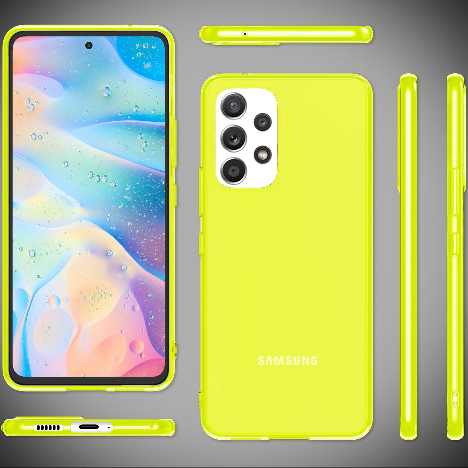 Gelbe Handyhülle, die das Telefon aus verschiedenen Winkeln zeigt, mit einem Samsung-Logo.