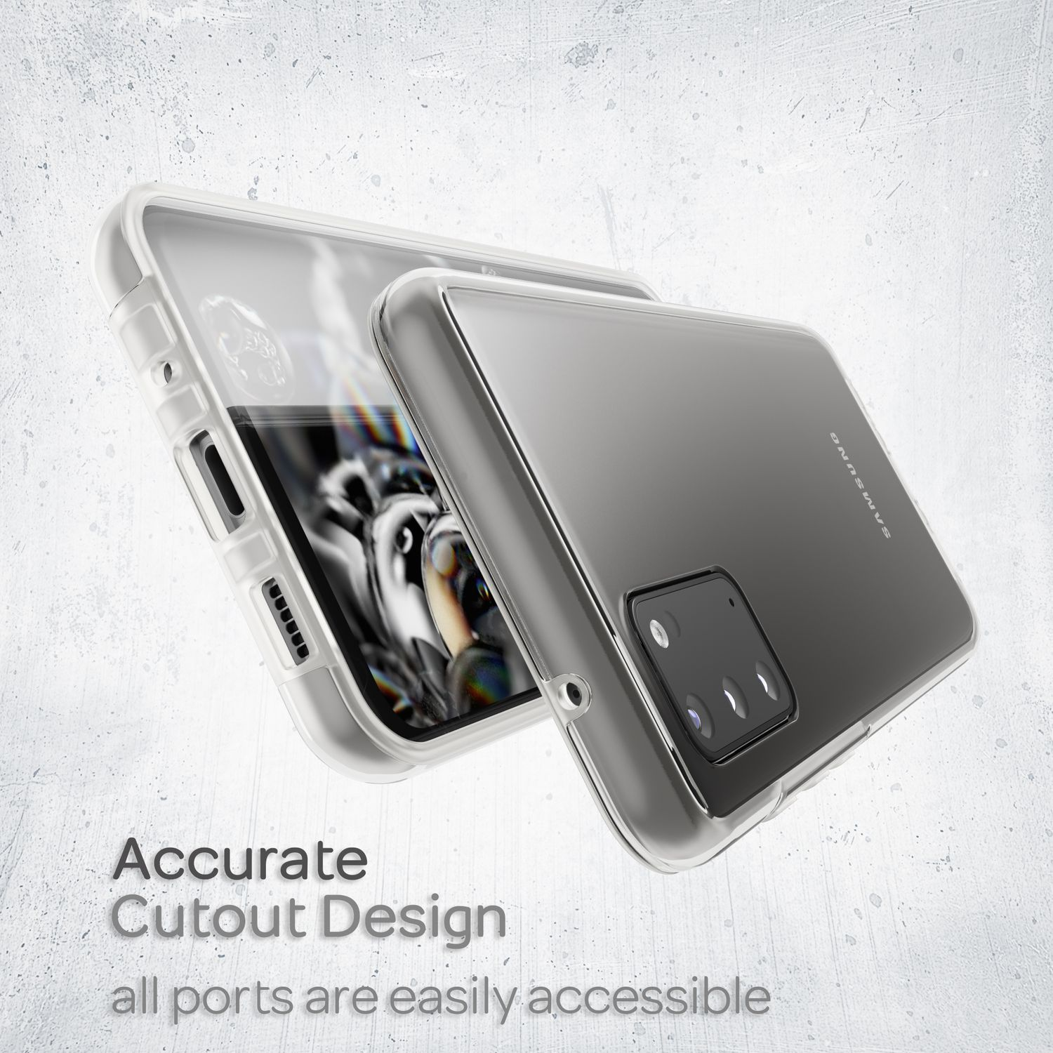 Custodia trasparente per telefono accanto a un telefono. Mostra il design e le porte. Testo: 'Design con ritaglio preciso'.