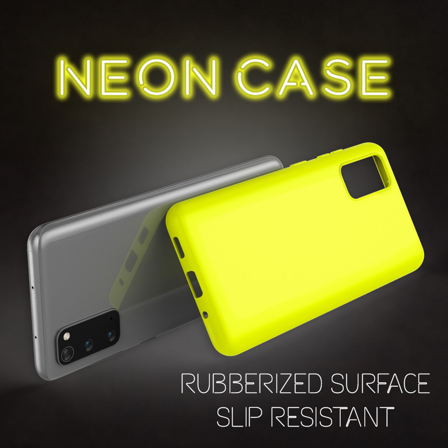 Neongelbe Handyhülle über einem silbernen Telefon, mit Neontext: NEON CASE.