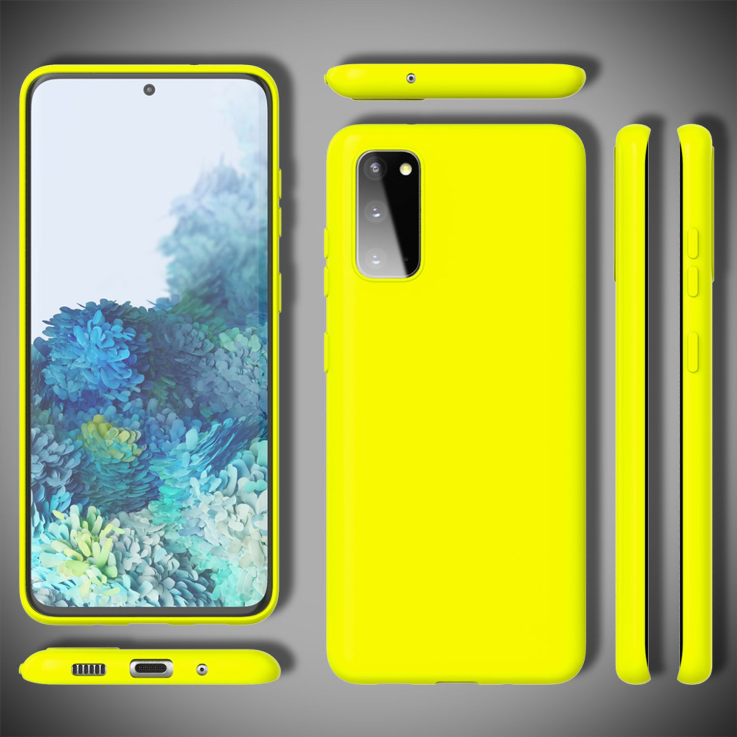 Gelbe Handyhülle mit Telefon, mehrere Ansichten. Das Telefon zeigt ein farbenfrohes Bild. Grauer Hintergrund.