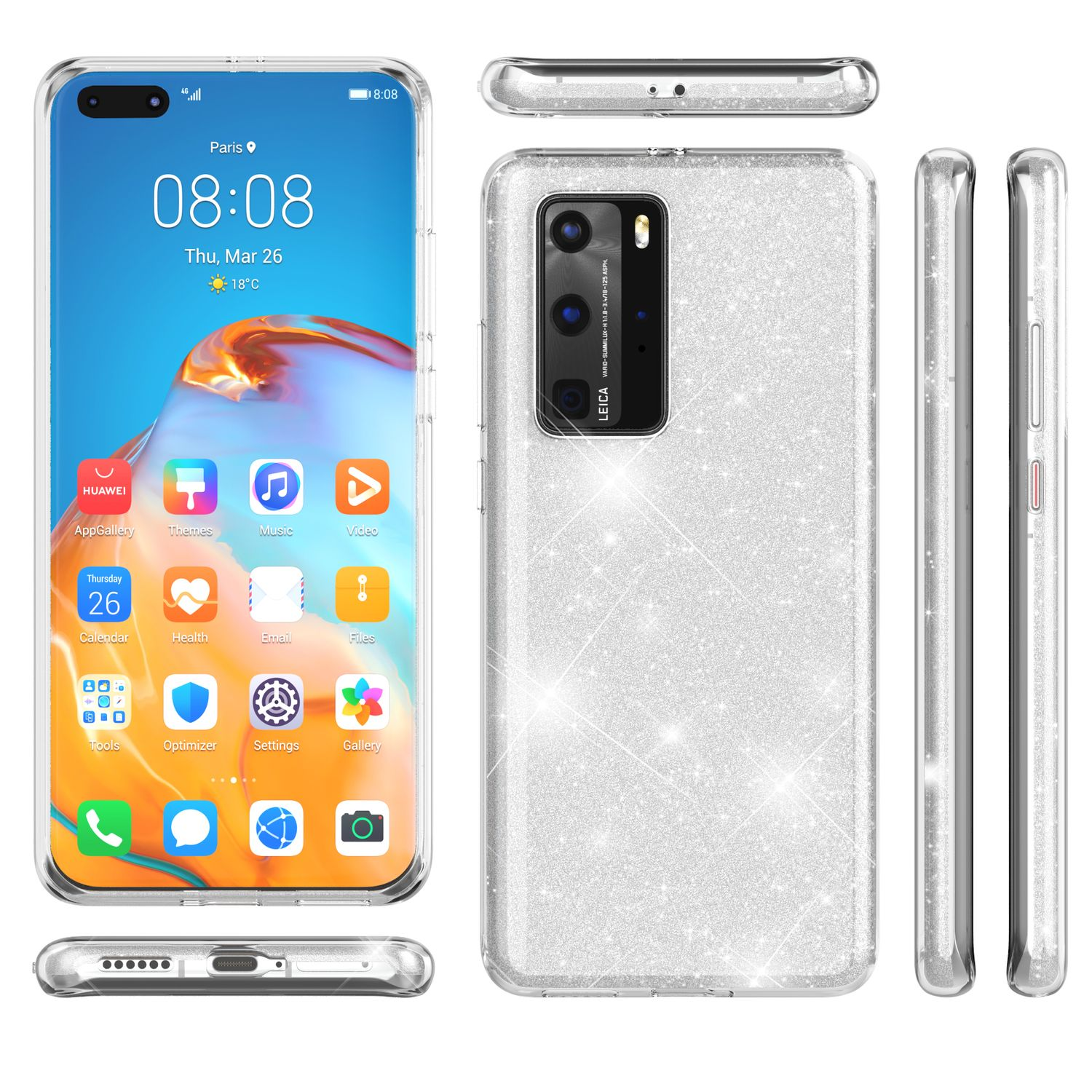 Telefon mit Glitzerhülle.  Vorderansicht zeigt Apps, Rückseite zeigt Kamera. Mehrere Ansichten.