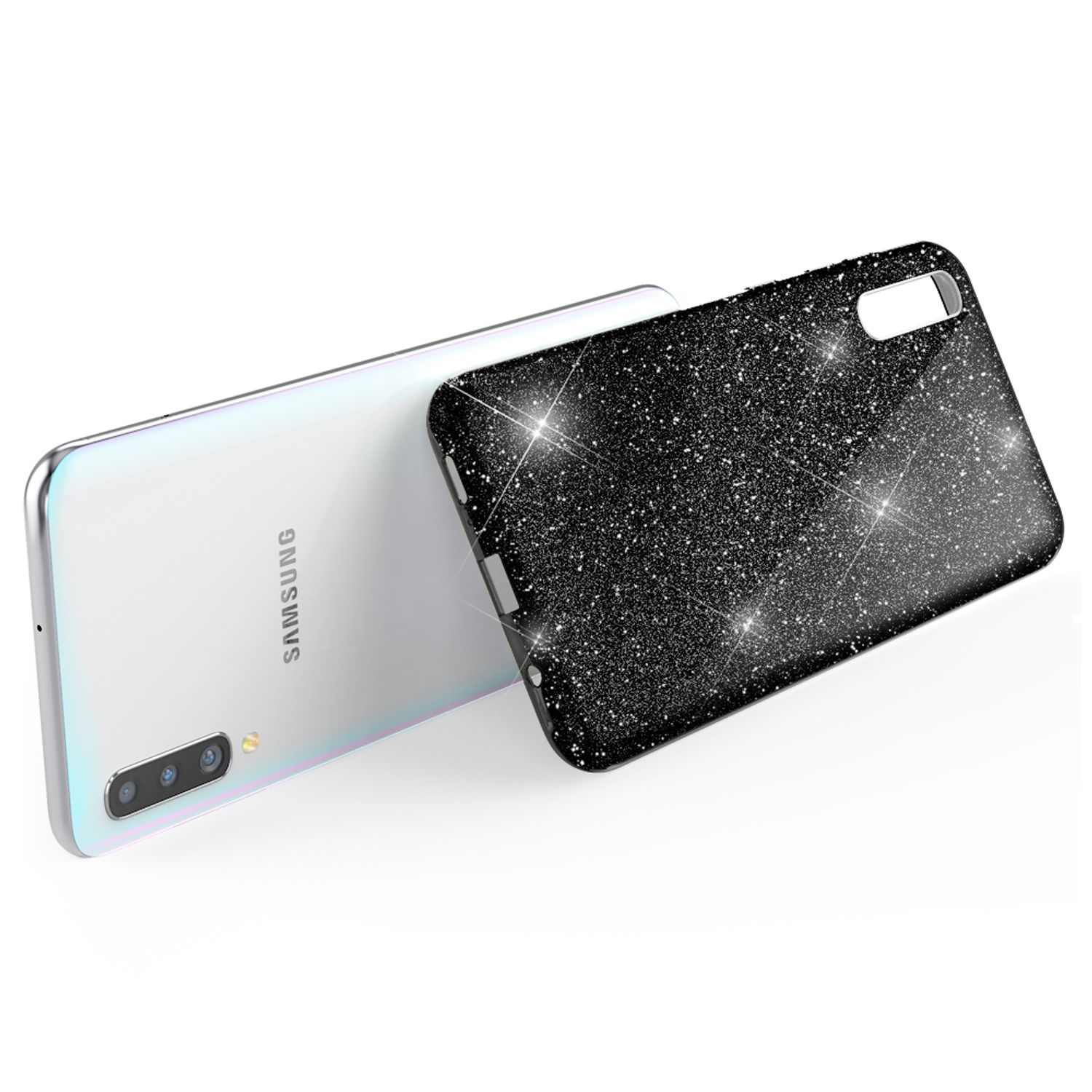 Due smartphone con una custodia nera glitterata, uno mostra il retro del telefono.