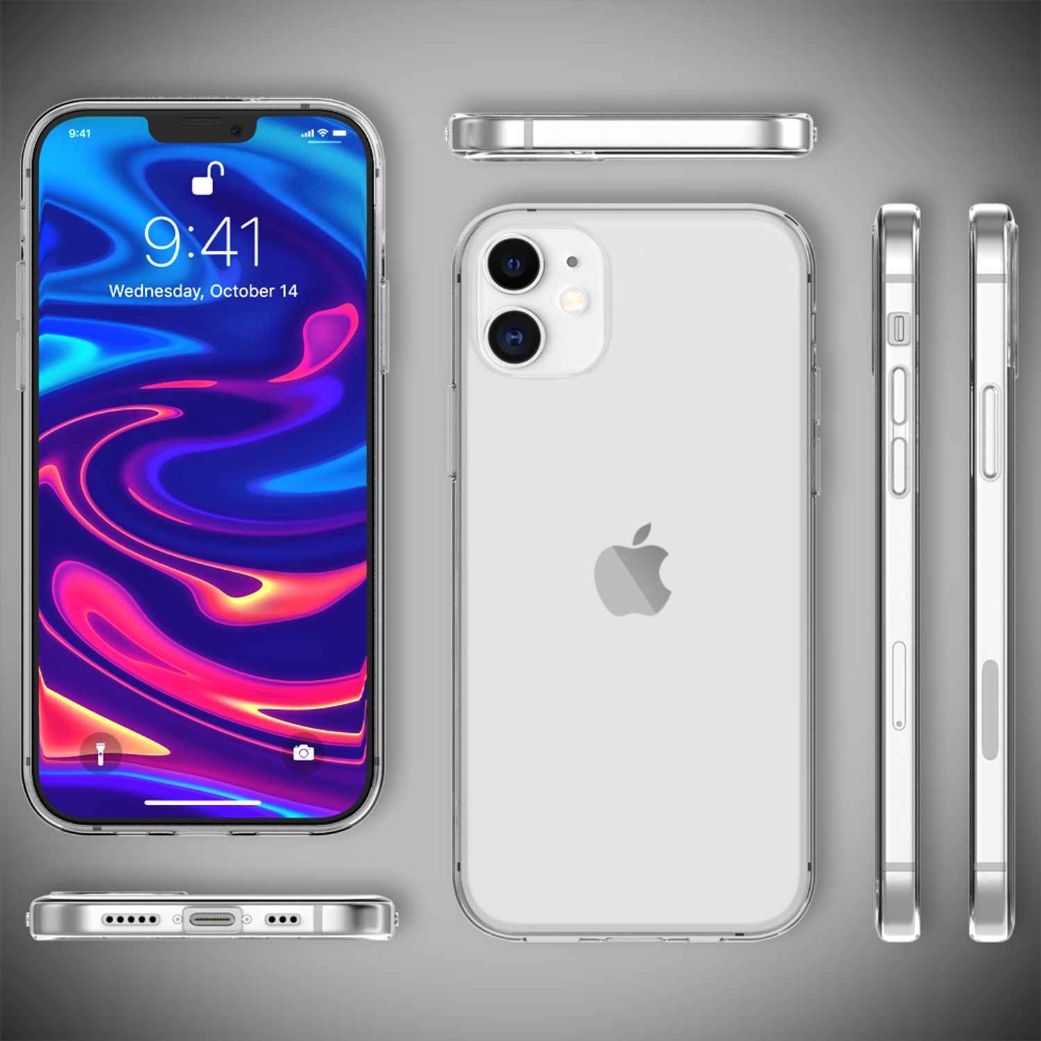 Telefono bianco con custodia trasparente, viste multiple. Il telefono mostra uno schermo digitale. Sfondo grigio.