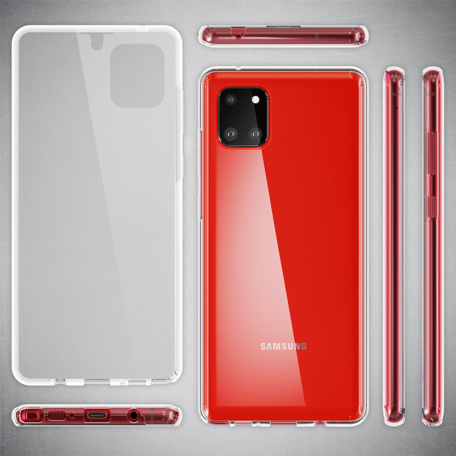 Telefon in Rot mit klarer Hülle. Mehrere Ansichten des Telefons und der Hülle. Das Telefon ist rot.