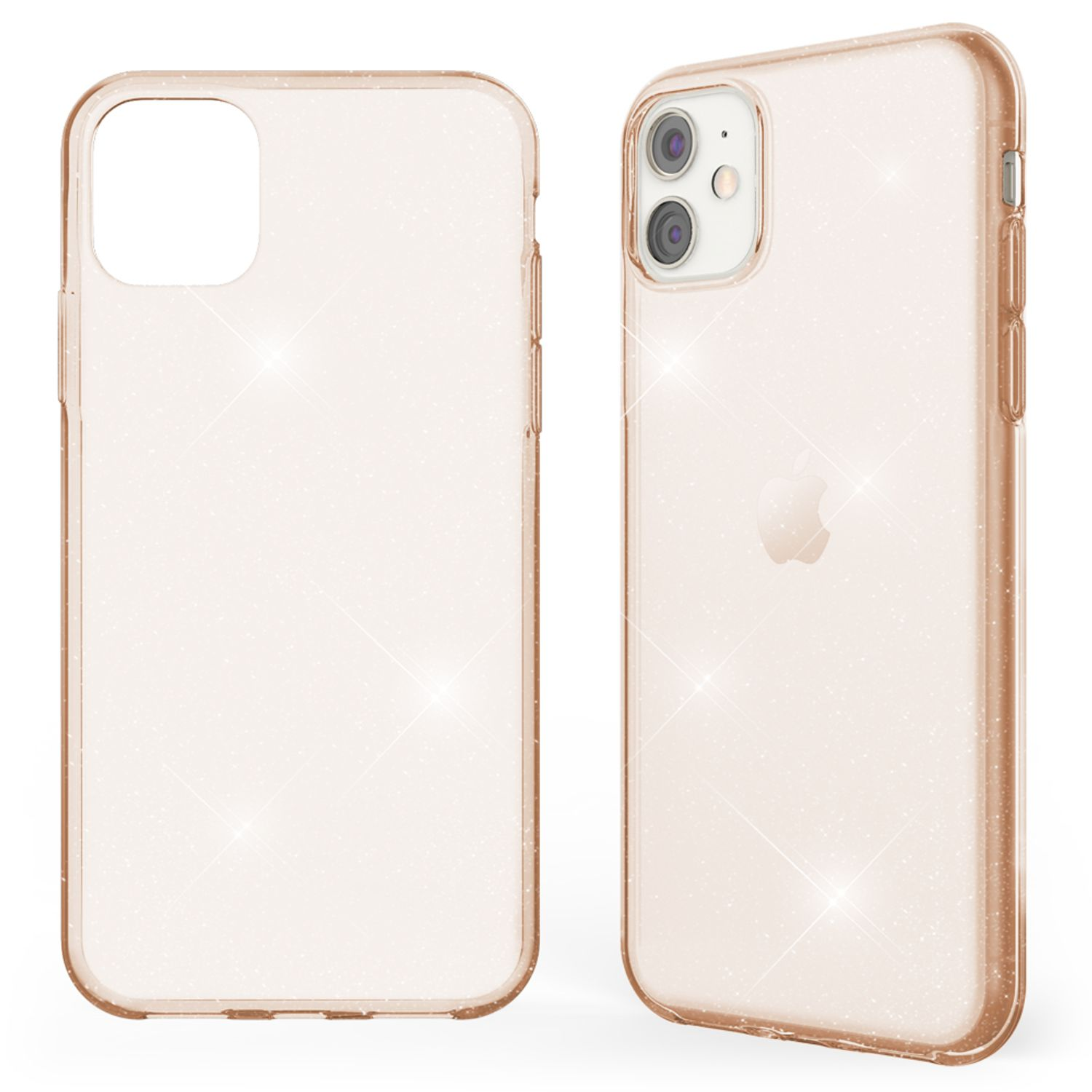 Funda transparente con brillos. Muestra un teléfono. Dos vistas. Detalles brillantes en la funda.