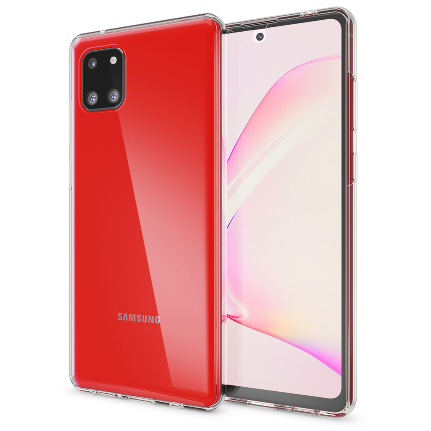 Eine rote Handyhülle für ein Samsung Galaxy S10 Lite, verschiedene Winkel zeigend.
