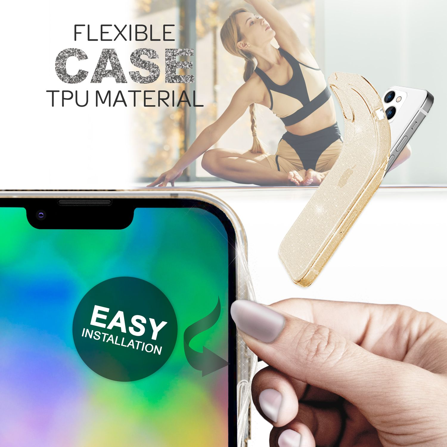 Teléfono con funda, mujer estirándose al fondo, texto superpuesto.