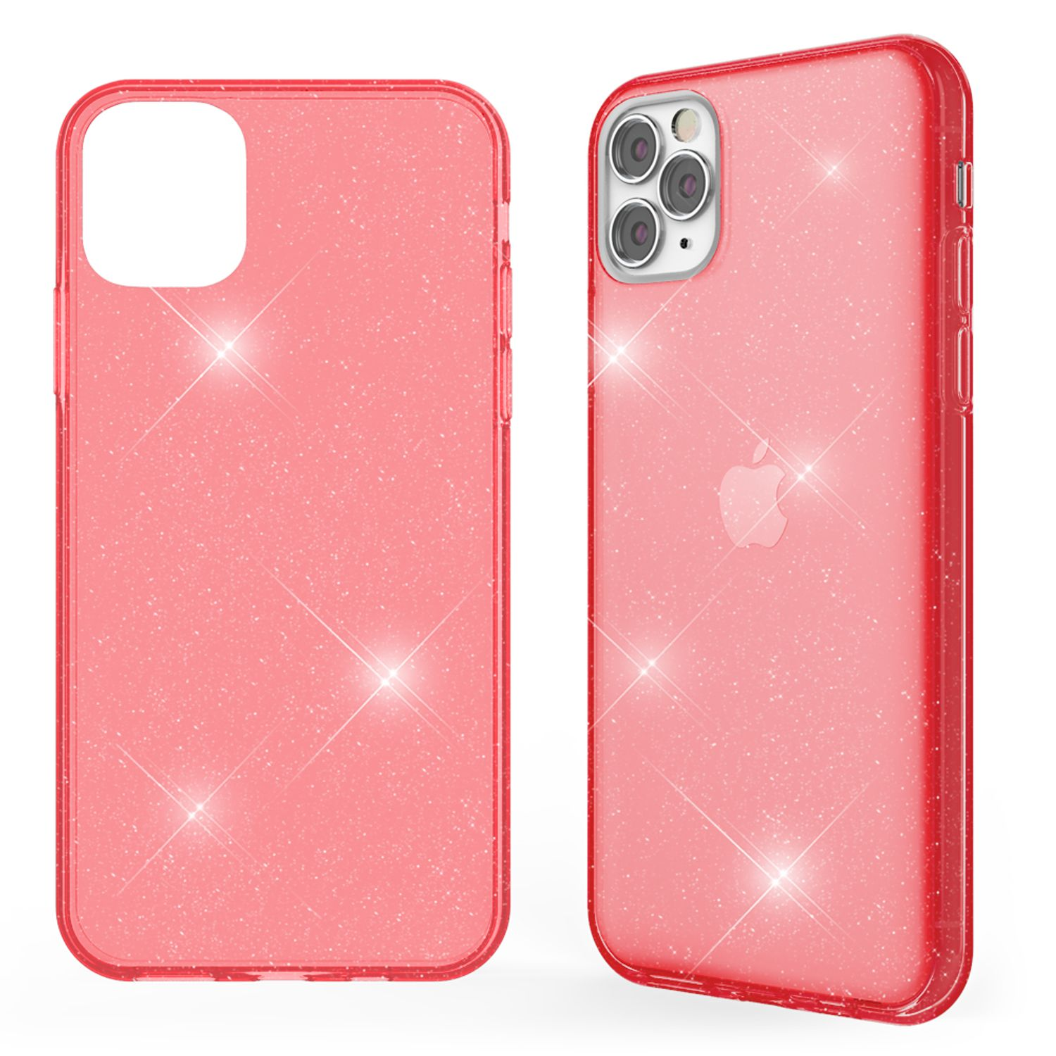 Funda de teléfono roja con purpurina. Muestra la parte delantera y trasera. Fondo blanco. Brillos.
