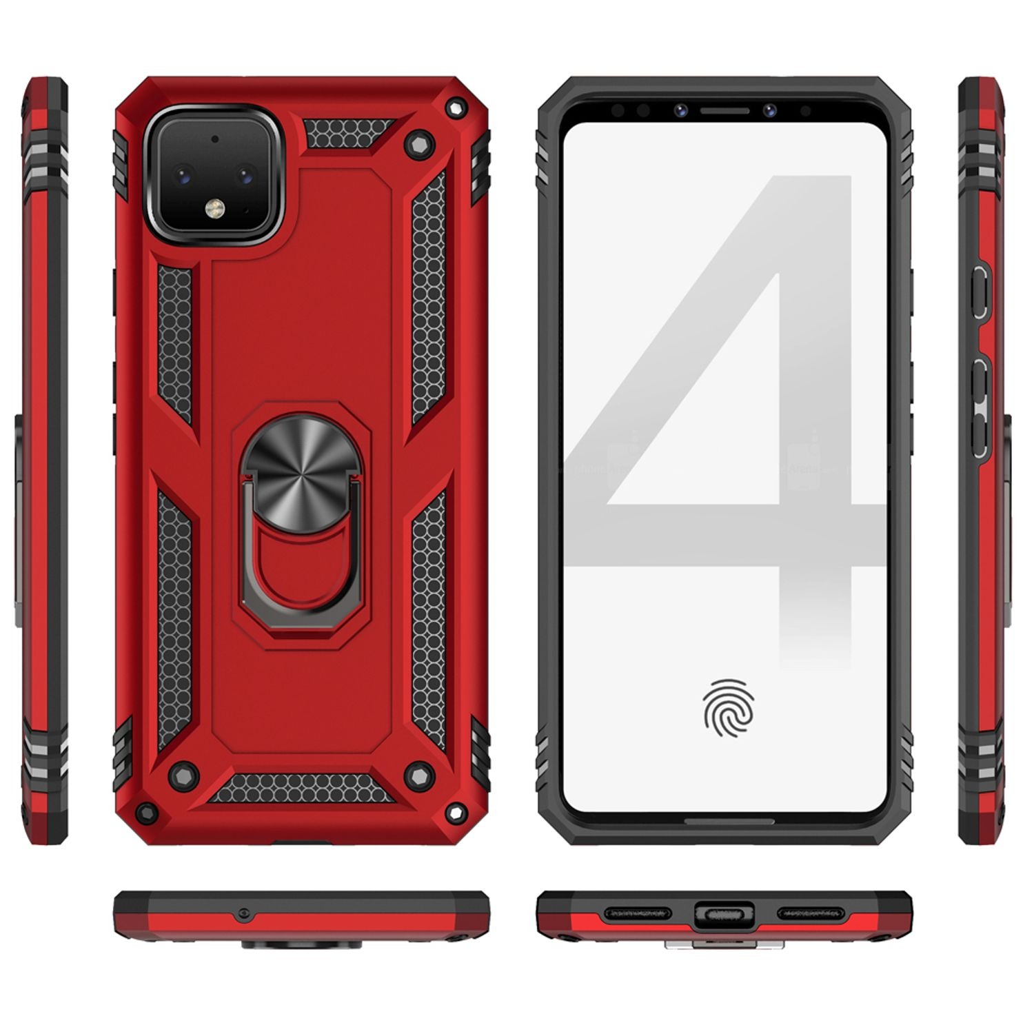 Custodia rossa per telefono con anello. Schermo del telefono. Accenti neri e rossi.