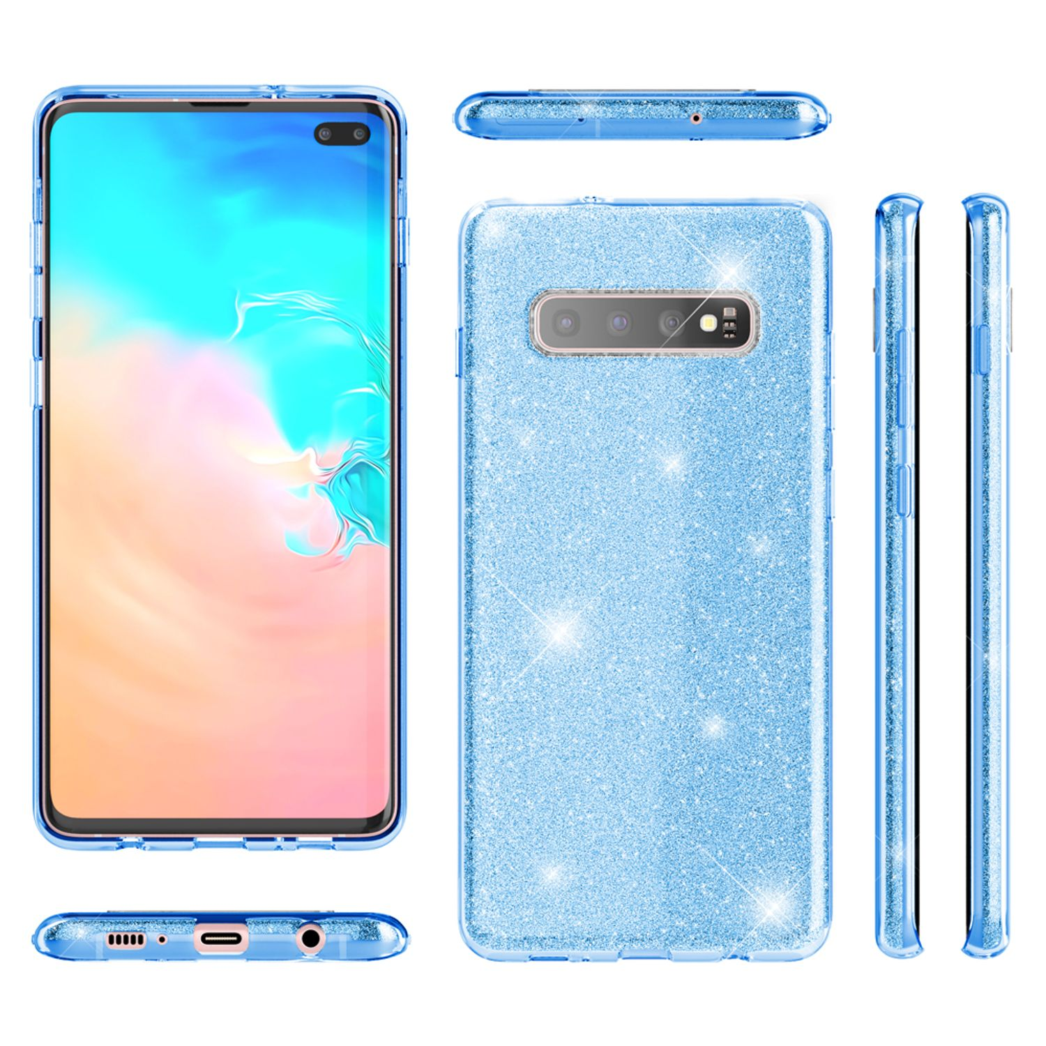 Una custodia per telefono blu glitterata per un Samsung Galaxy S10, che mostra diverse angolazioni.