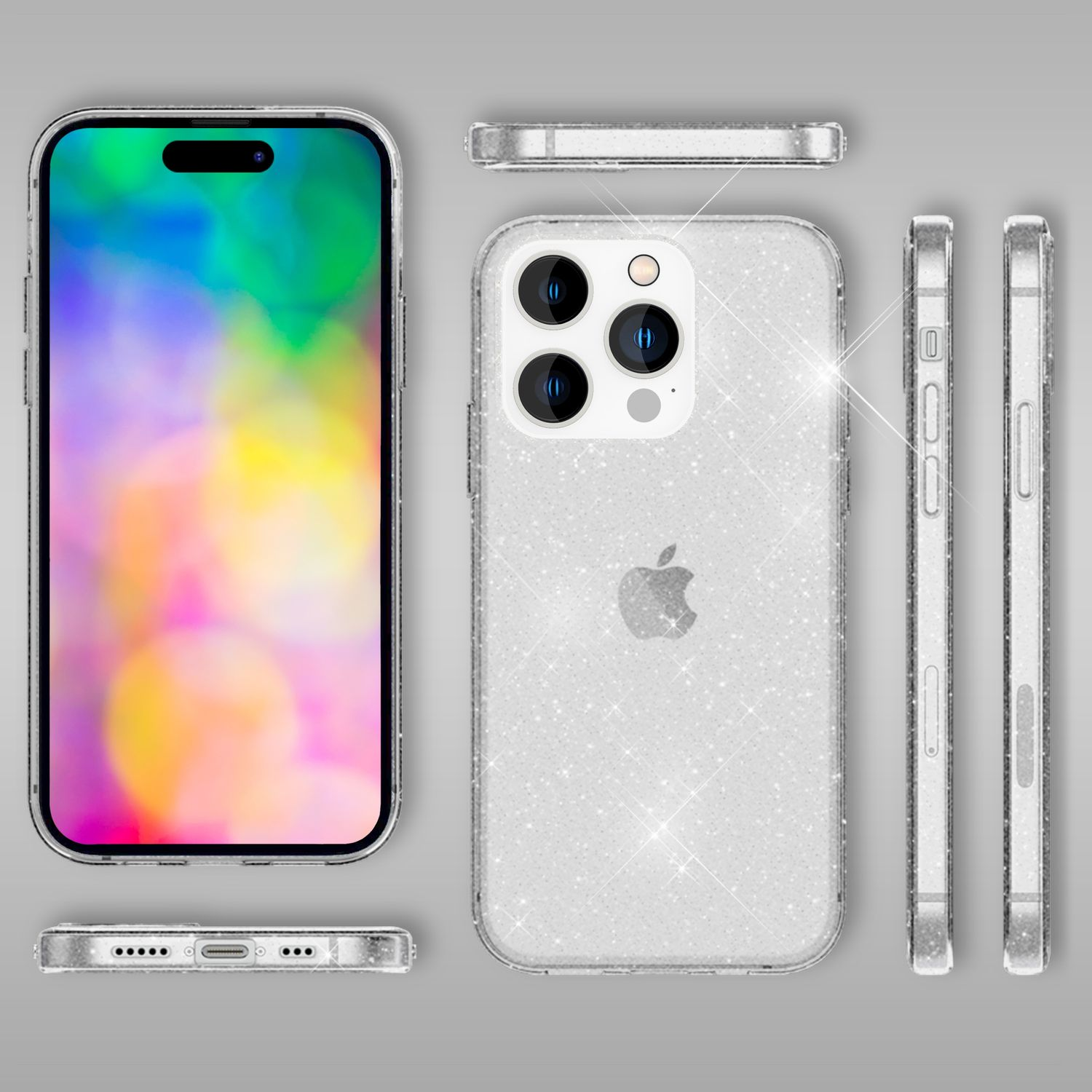 Custodia trasparente per iPhone con glitter, mostra fronte, retro e lati del telefono. Logo Apple.