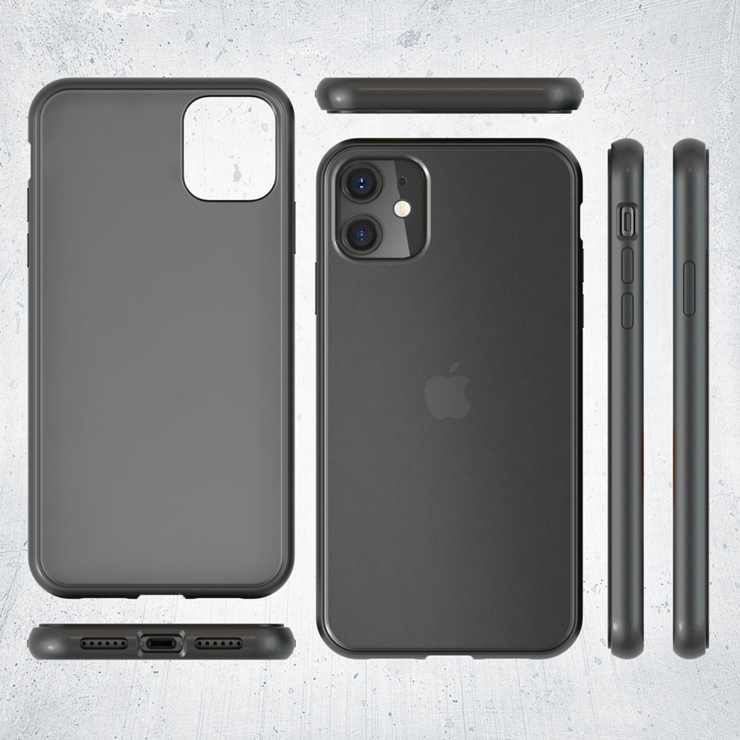 Schwarze Handyhülle. Das Telefon mit Apple-Logo befindet sich in der Mitte. Die Hülle wird aus verschiedenen Winkeln gezeigt.