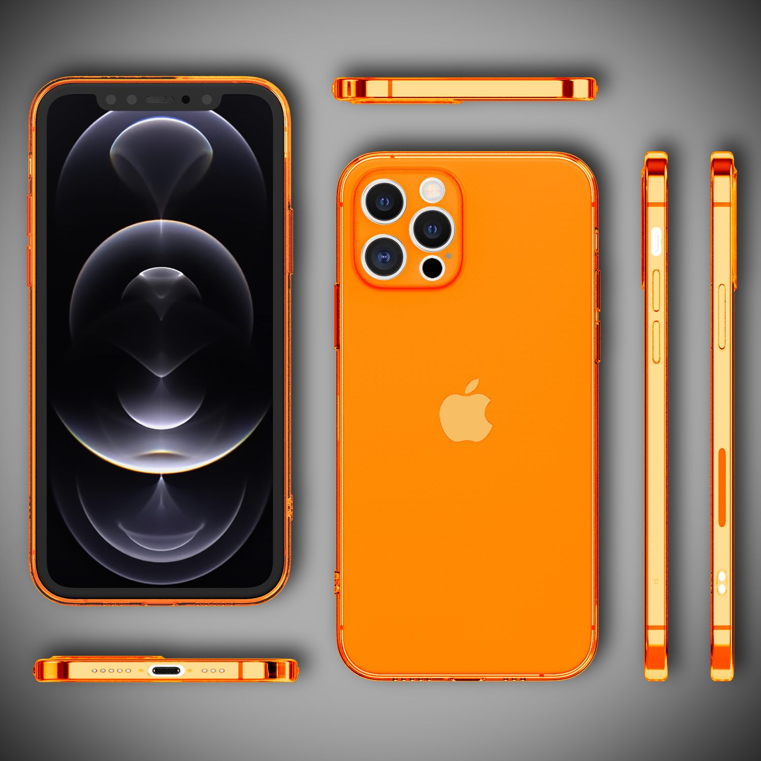 Orangene Handyhülle auf einem Telefon, mit Seitenansichten. Apple-Logo sichtbar.