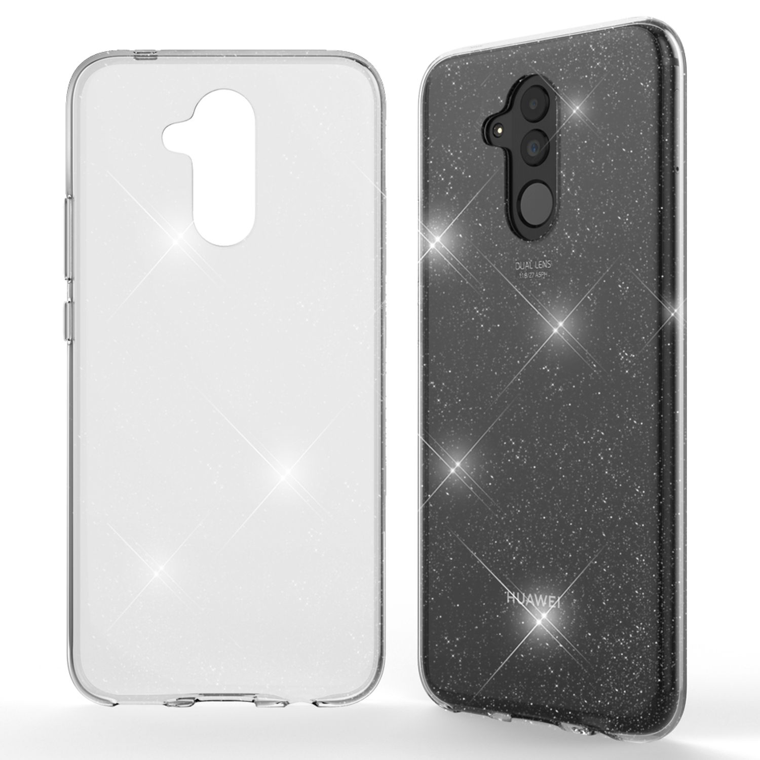 Transparente und dunkle Glitzer-Handyhülle mit mehreren Ansichten. Huawei-Logo auf der Rückseite.