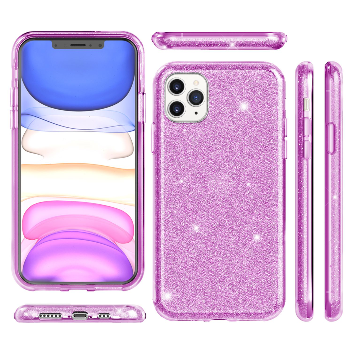 Funda rosa para teléfono con brillos sobre un teléfono con pantalla visible.