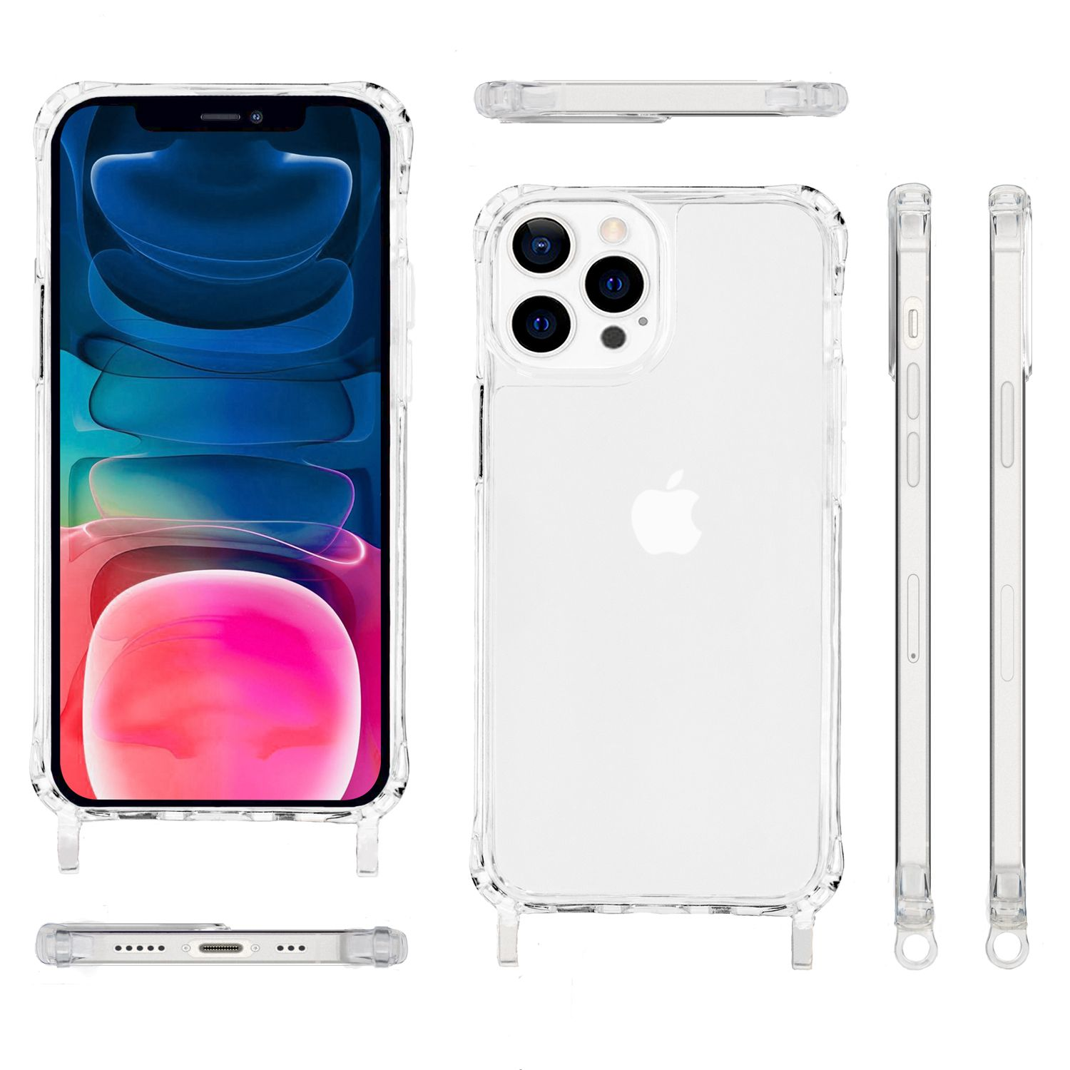 Una custodia trasparente per telefono con un iPhone all'interno, che mostra il telefono da più angolazioni.