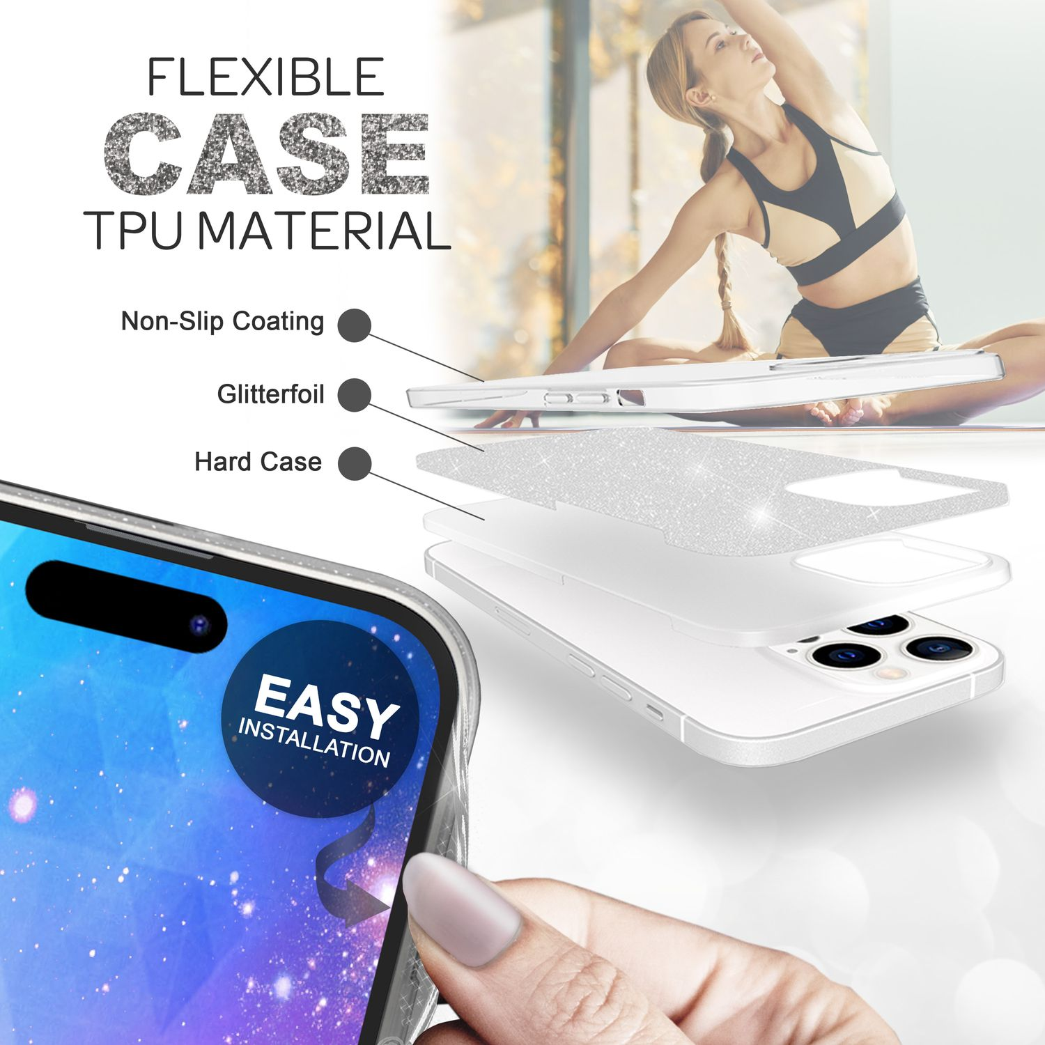 Componentes de la funda del teléfono y el teléfono. Etiqueta de fácil instalación.