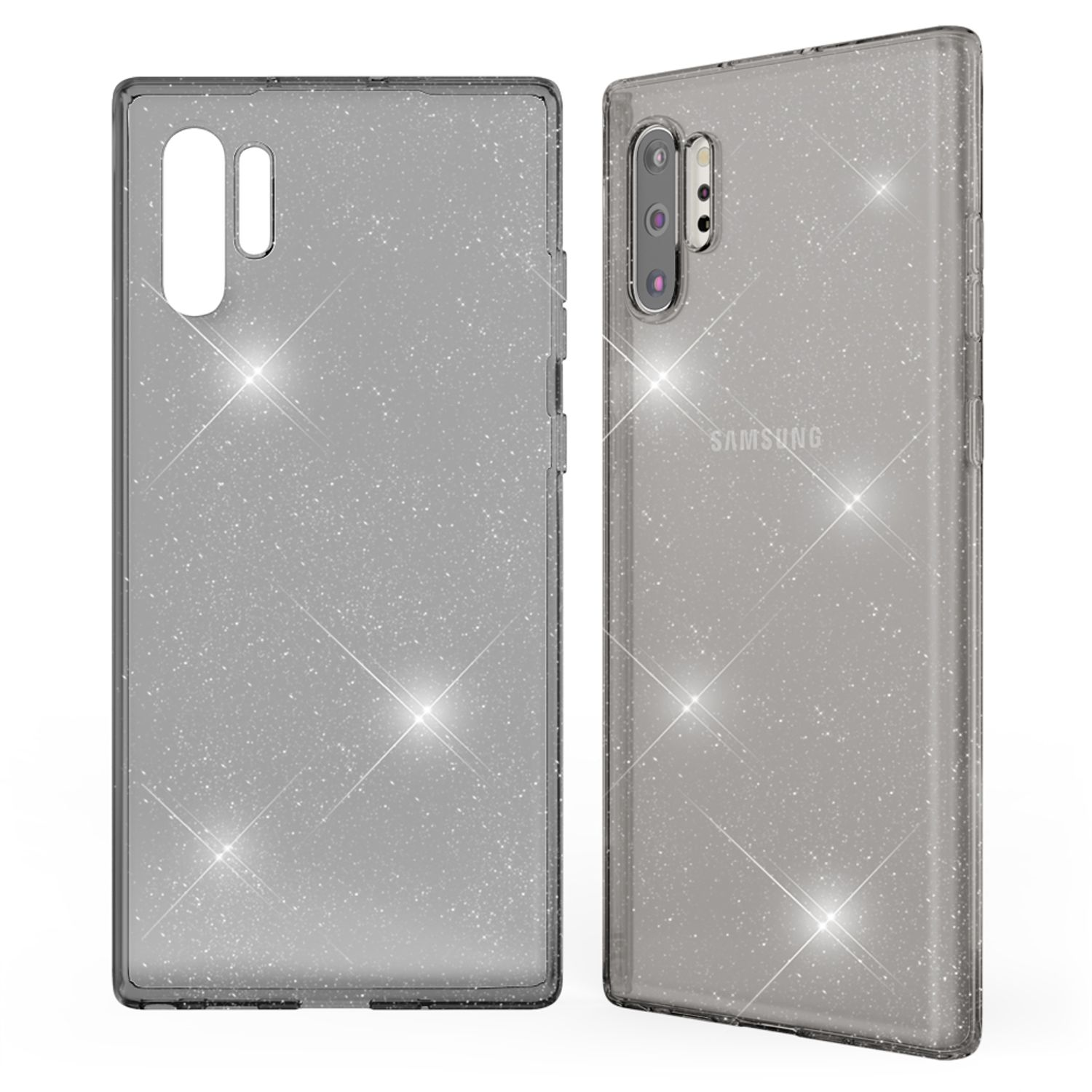 Graue Glitzer-Handyhülle mit mehreren Ansichten. Samsung-Logo auf der Rückseite.
