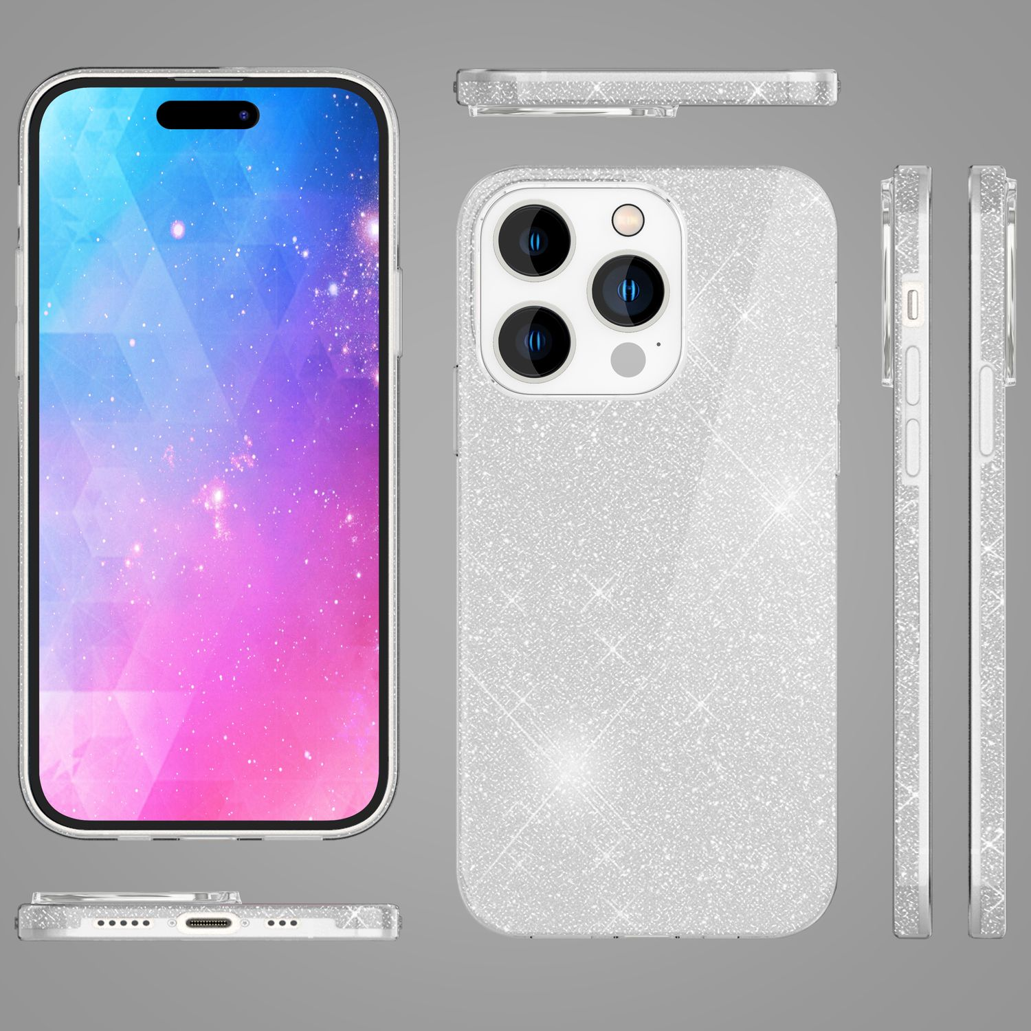 Múltiples vistas de una funda de teléfono con un diseño brillante, que muestra el frente con pantalla y la parte trasera con cámara, lados e inferior.