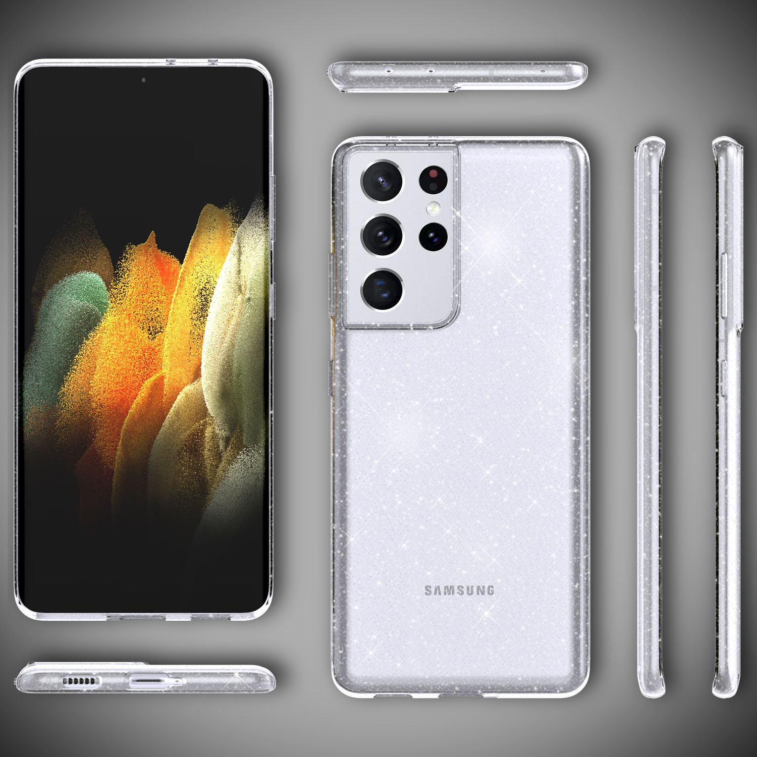 Transparente Handyhülle mit Glitzer. Telefonbildschirm zeigt ein farbenfrohes Design. Samsung-Logo sichtbar.