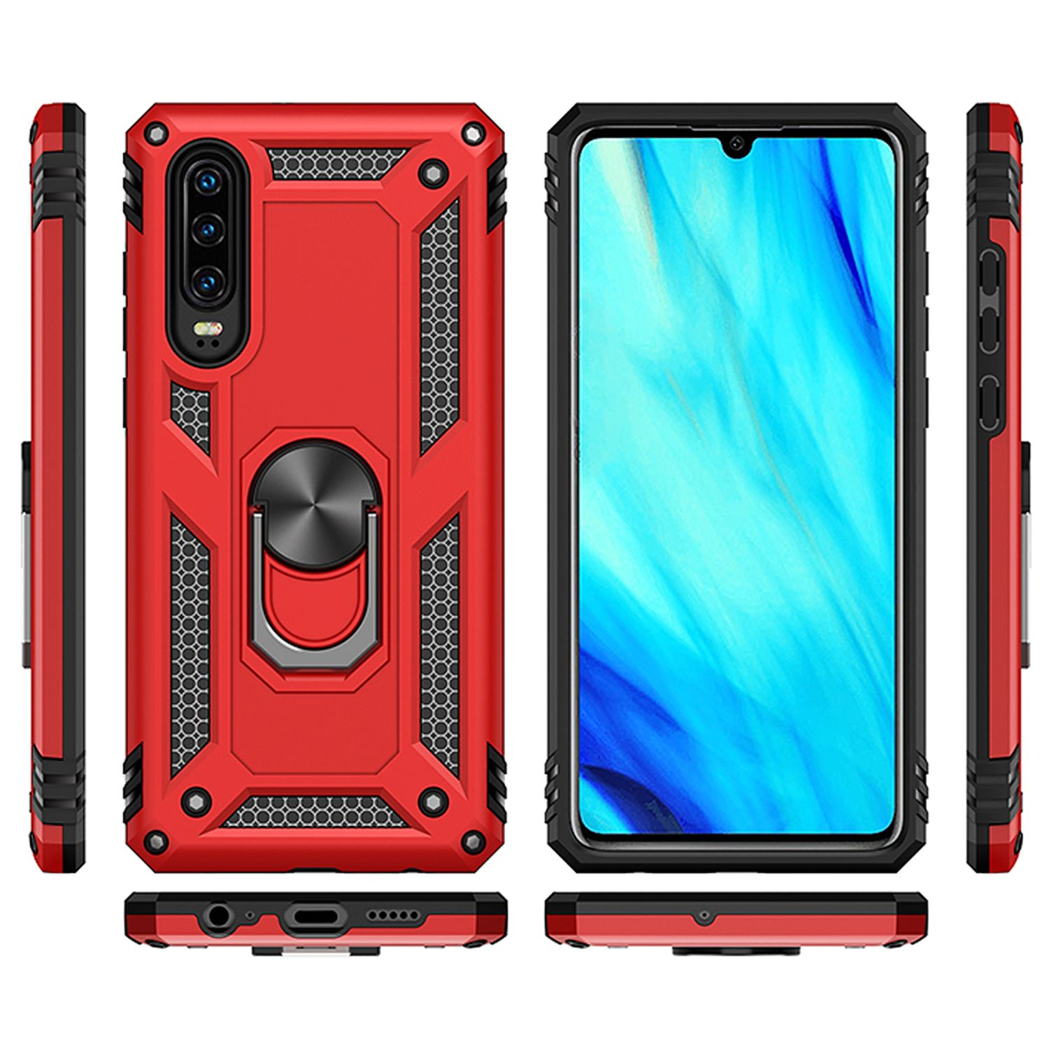 Rote und schwarze Handyhülle. Sie hat einen Ringhalter und schützt das Telefon.