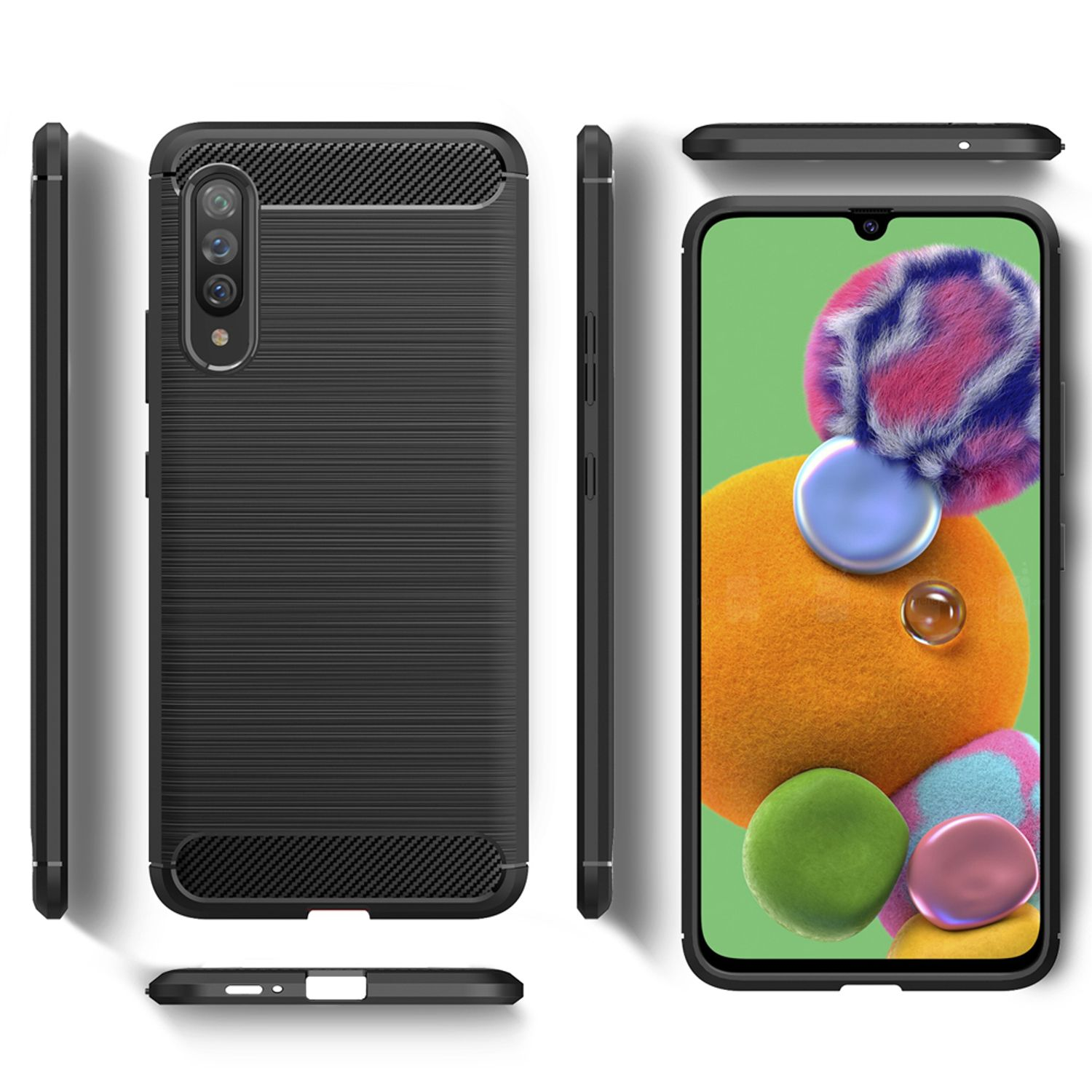 Schwarze Handyhülle mit Textur, mehrere Ansichten. Telefonbildschirm zeigt abstrakte Kunst.