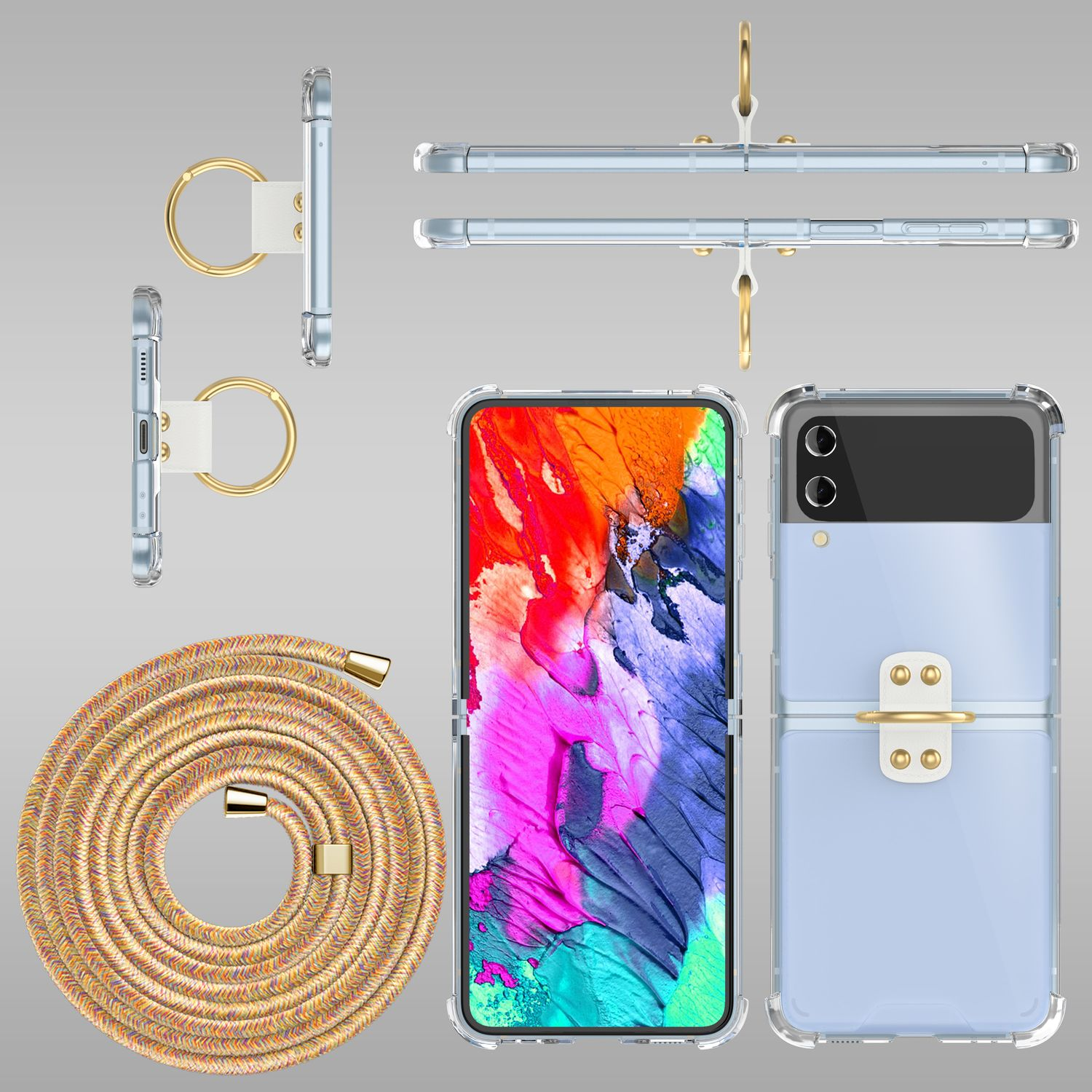 Handyhüllen-Set mit farbenfrohem Blumendesign, mit mehreren Ansichten eines Telefons.