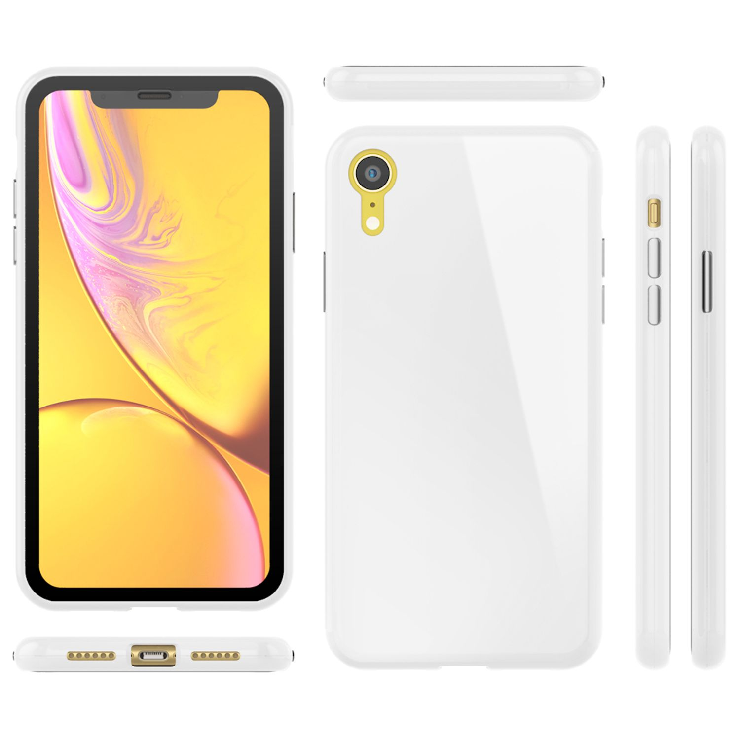 Weißes Telefon mit gelbem Bildschirm, mehrere Ansichten des Telefons und der Hülle, weißer Hintergrund.