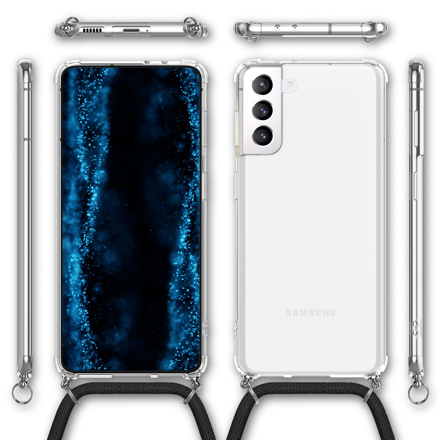 Custodia per telefono con cordino. Il telefono è visibile davanti e dietro mostrando uno sfondo blu.