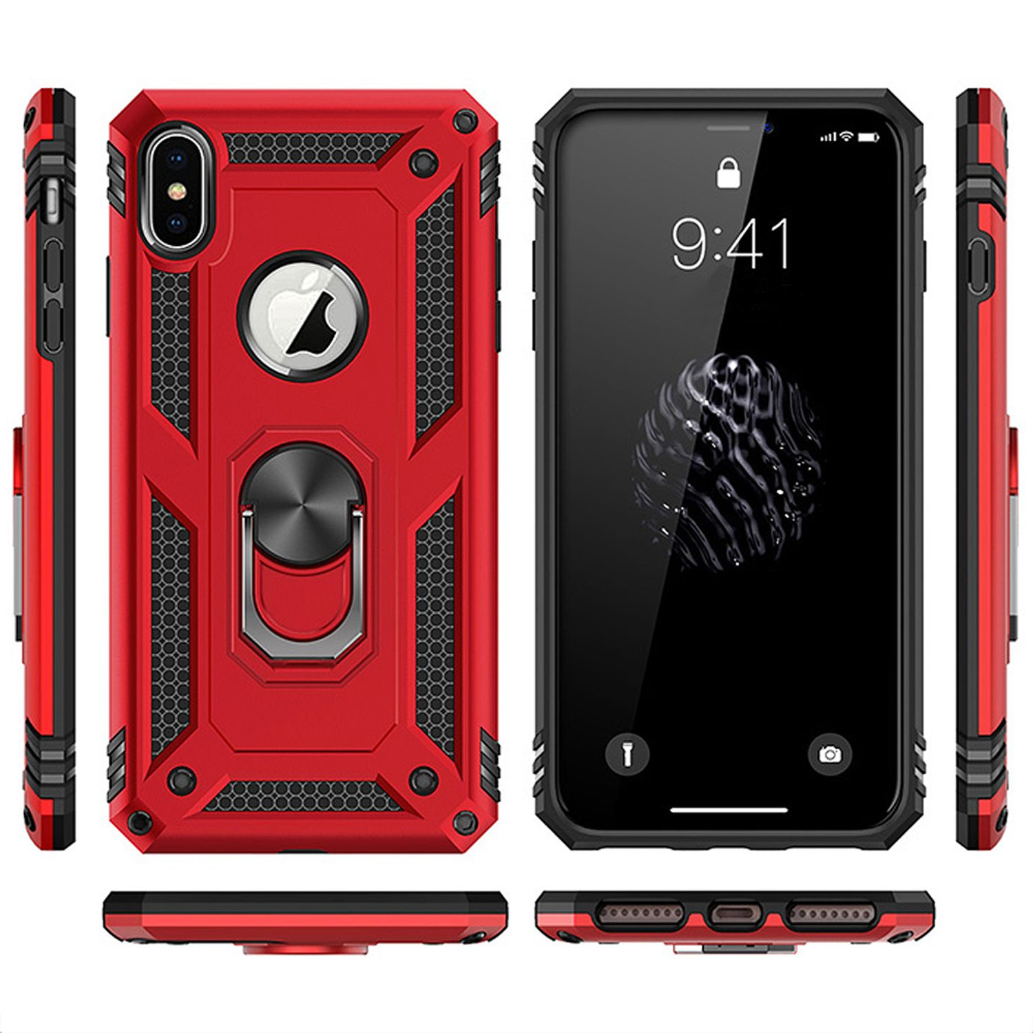 Rote und schwarze Handyhülle mit Ringhalter. Das Telefon zeigt einen Sperrbildschirm mit der Uhrzeit 9:41.